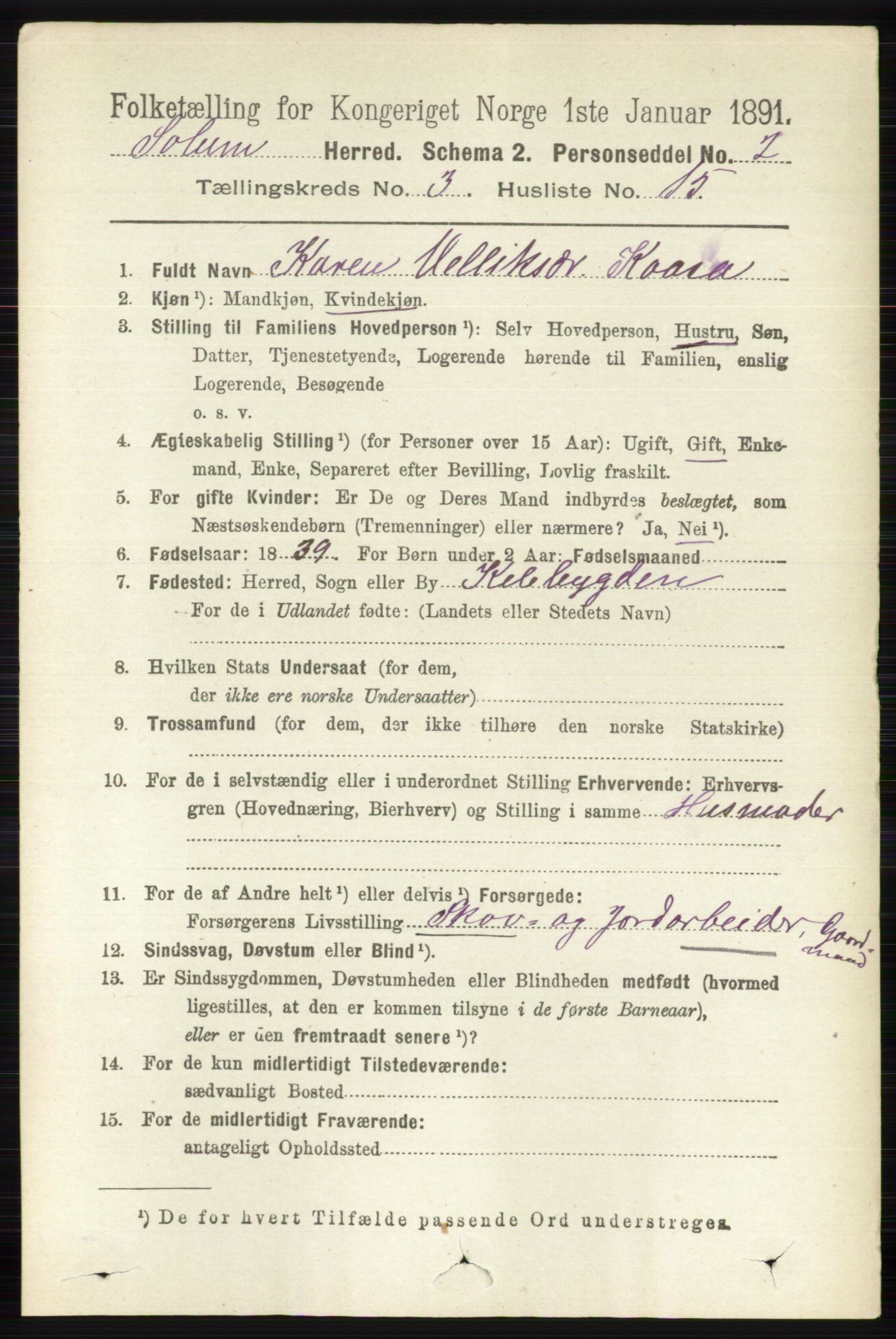 RA, 1891 census for 0818 Solum, 1891, p. 429