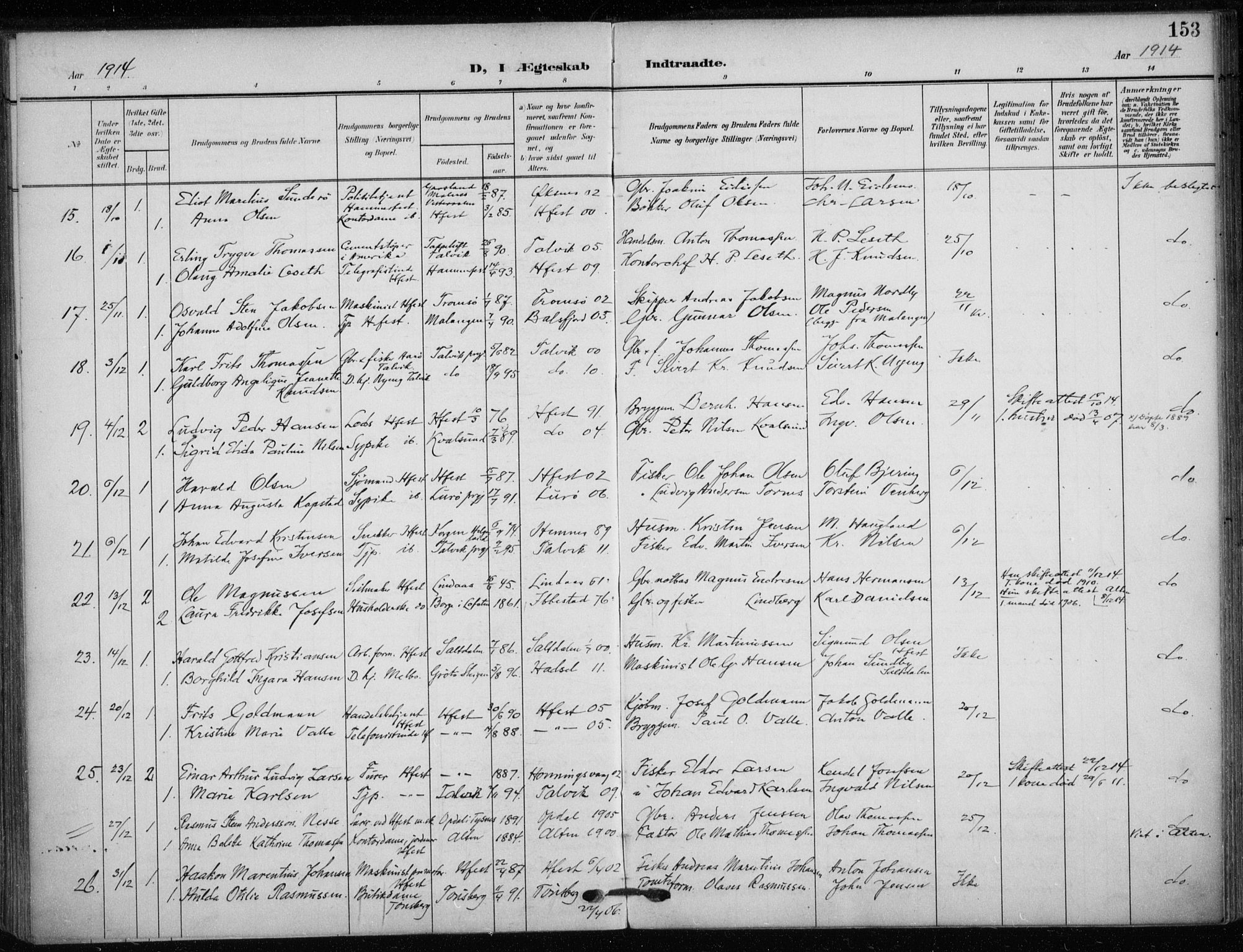 Hammerfest sokneprestkontor, SATØ/S-1347/H/Ha/L0014.kirke: Parish register (official) no. 14, 1906-1916, p. 153