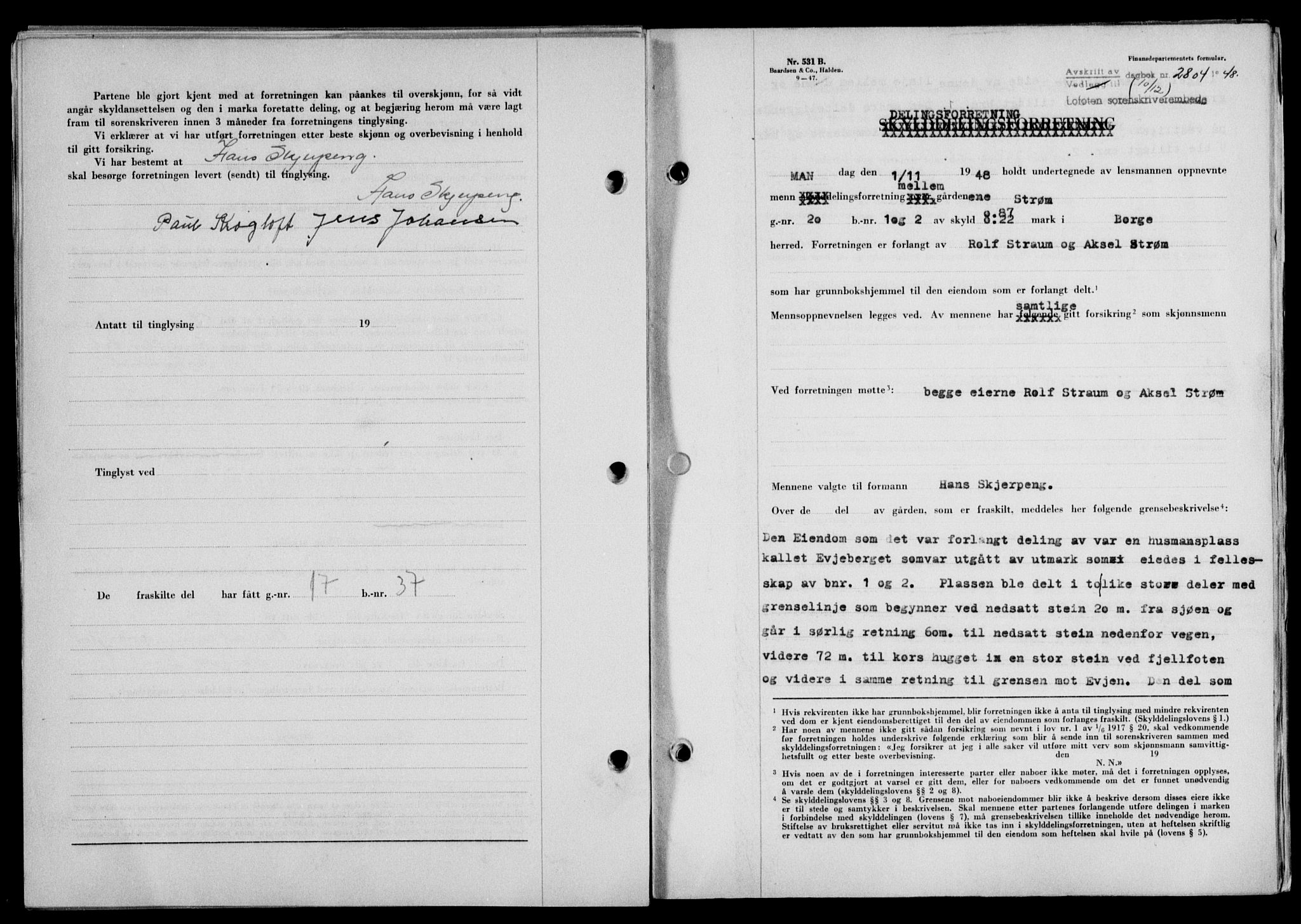 Lofoten sorenskriveri, SAT/A-0017/1/2/2C/L0020a: Mortgage book no. 20a, 1948-1949, Diary no: : 2804/1948