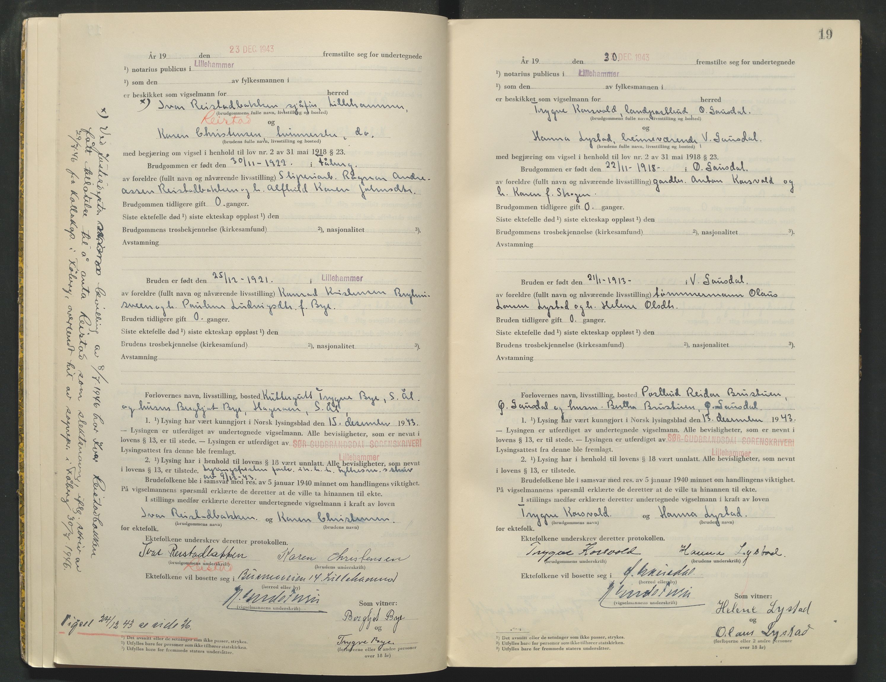 Sør-Gudbrandsdal tingrett, AV/SAH-TING-004/L/Lc/L0004: Vigselsprotokoll, 1943-1944, p. 19
