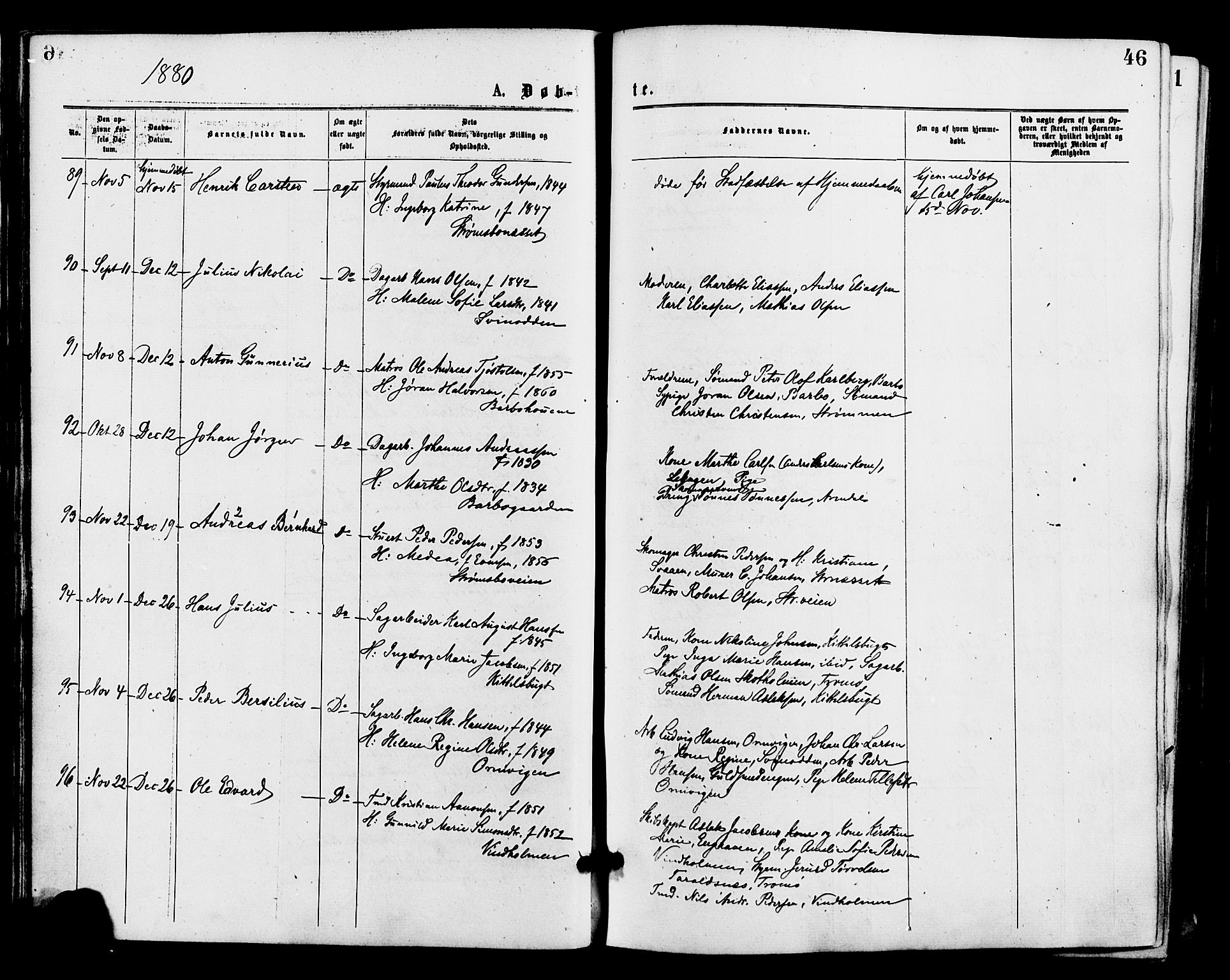 Barbu sokneprestkontor, AV/SAK-1111-0003/F/Fa/L0001: Parish register (official) no. A 1 /1, 1878-1883, p. 46