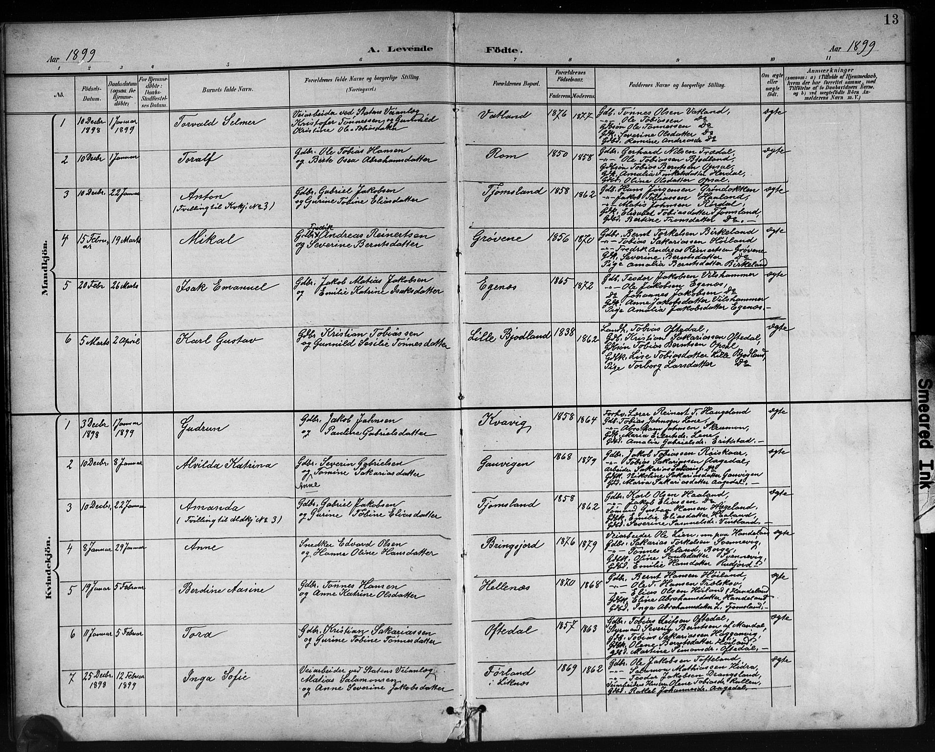 Lyngdal sokneprestkontor, AV/SAK-1111-0029/F/Fb/Fbc/L0005: Parish register (copy) no. B 5, 1897-1913, p. 13