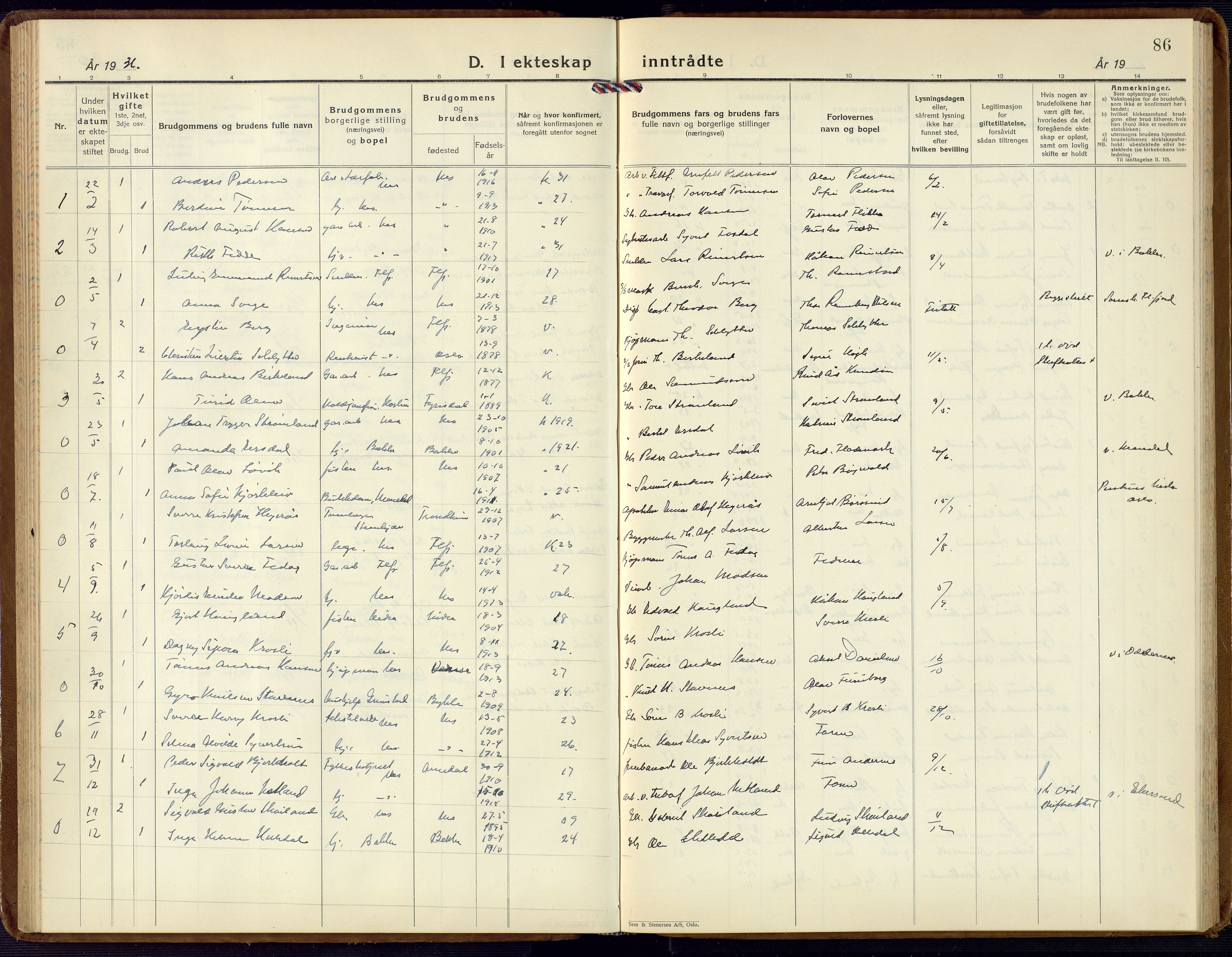 Flekkefjord sokneprestkontor, AV/SAK-1111-0012/F/Fb/Fbc/L0009: Parish register (copy) no. B 9, 1932-1965, p. 86