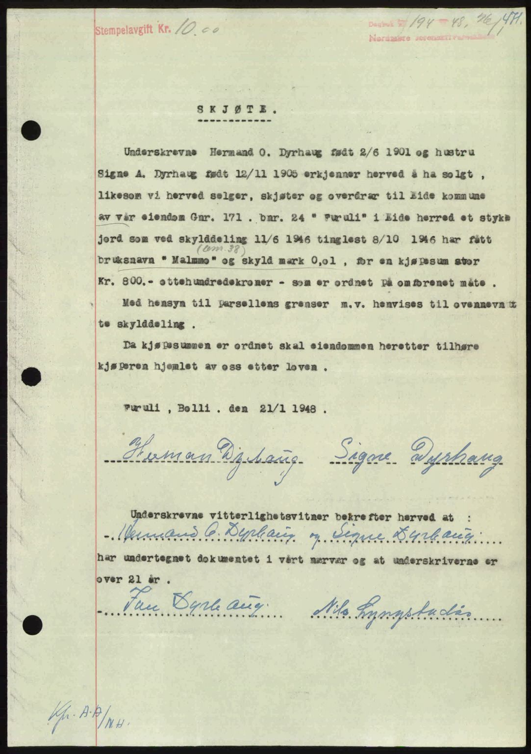 Nordmøre sorenskriveri, AV/SAT-A-4132/1/2/2Ca: Mortgage book no. A107, 1947-1948, Diary no: : 194/1948