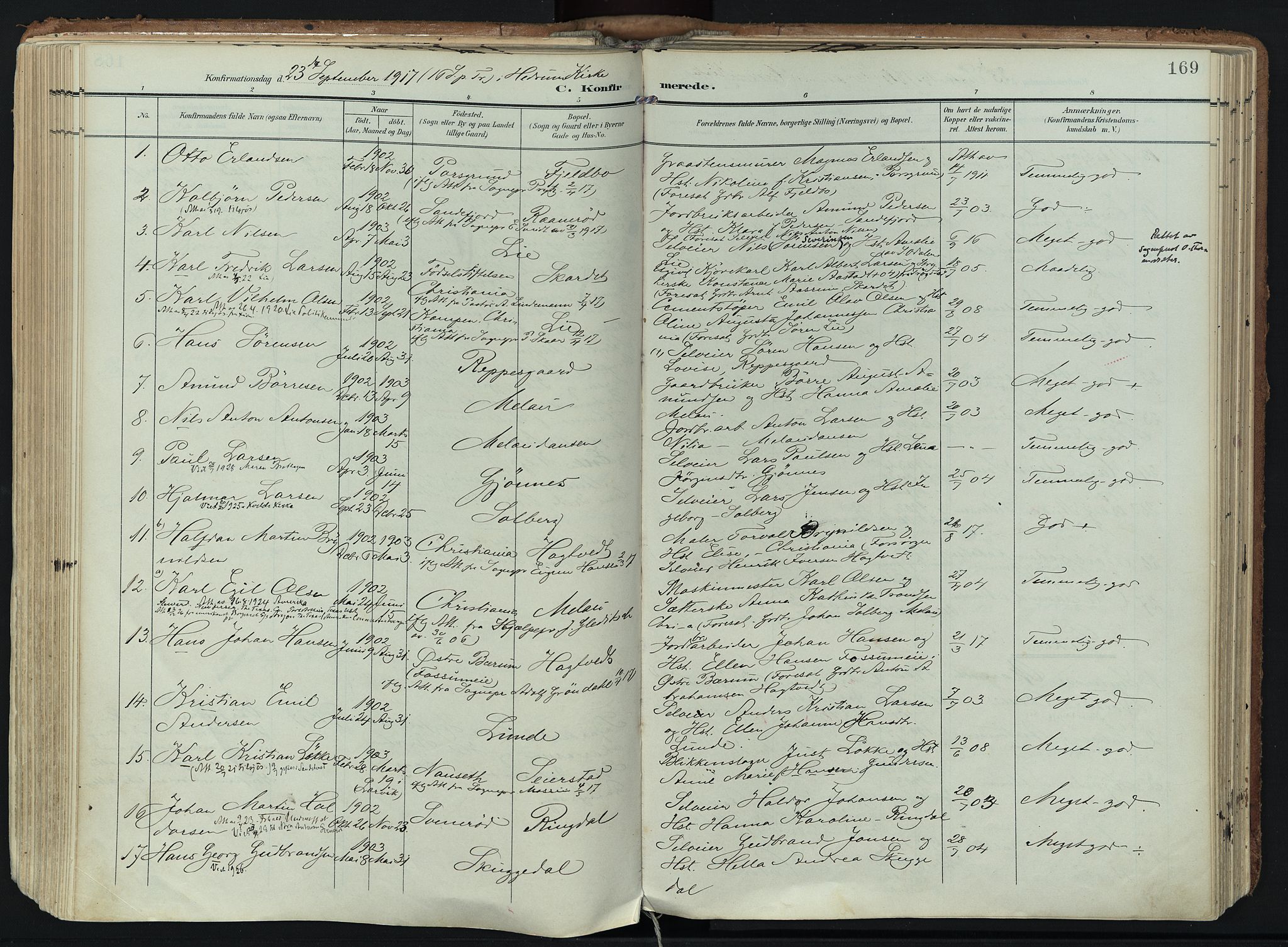 Hedrum kirkebøker, SAKO/A-344/F/Fa/L0010: Parish register (official) no. I 10, 1904-1918, p. 169