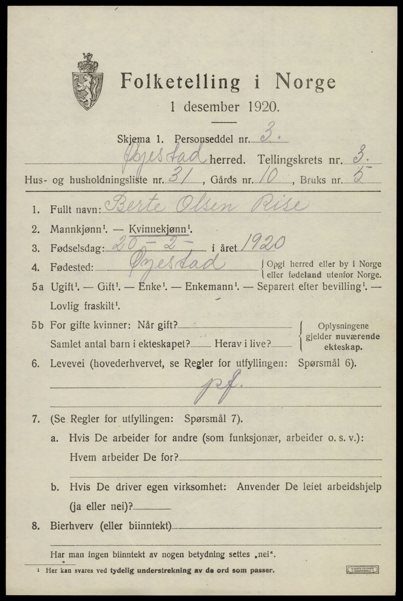 SAK, 1920 census for Øyestad, 1920, p. 3010