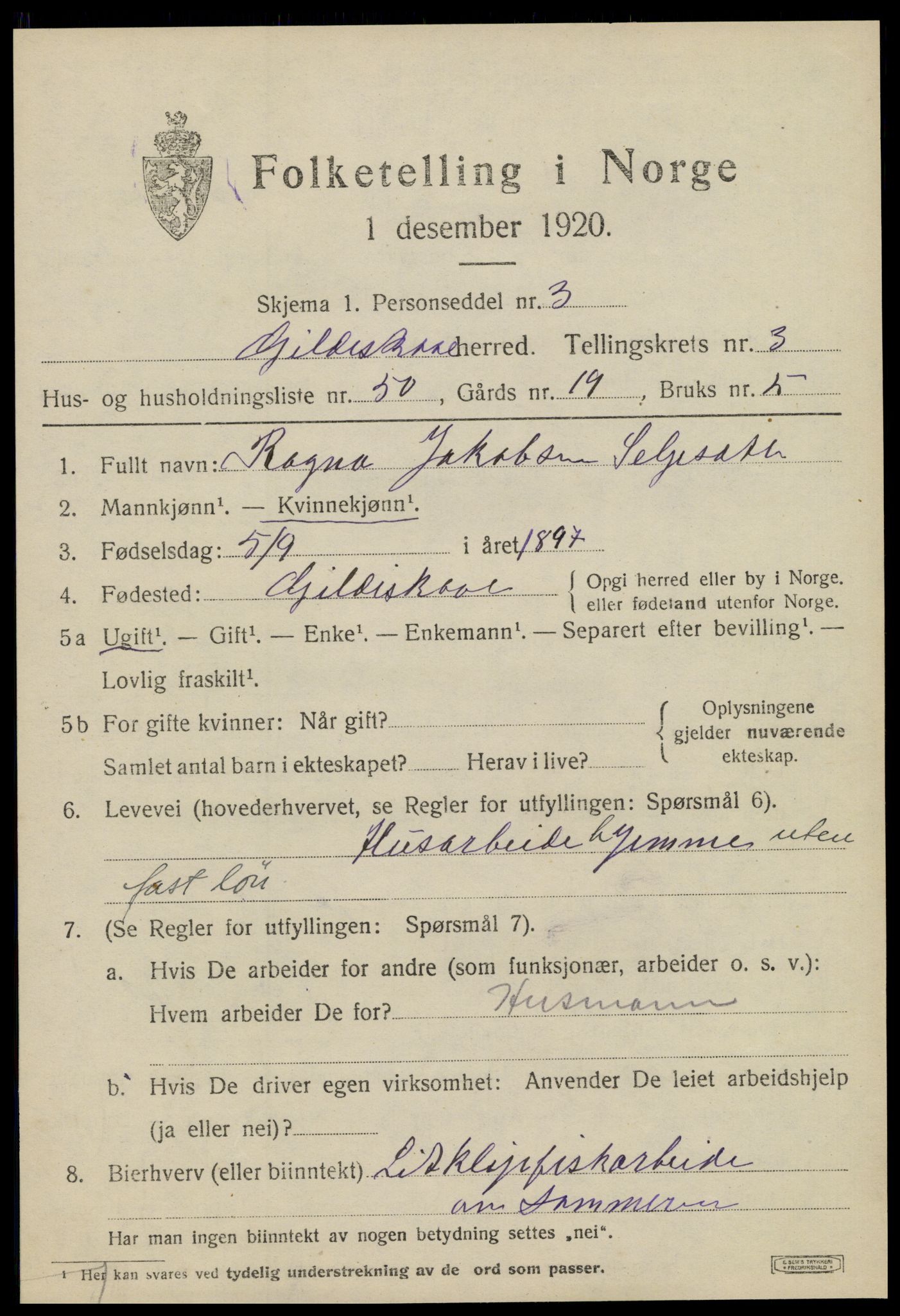 SAT, 1920 census for Gildeskål, 1920, p. 3708