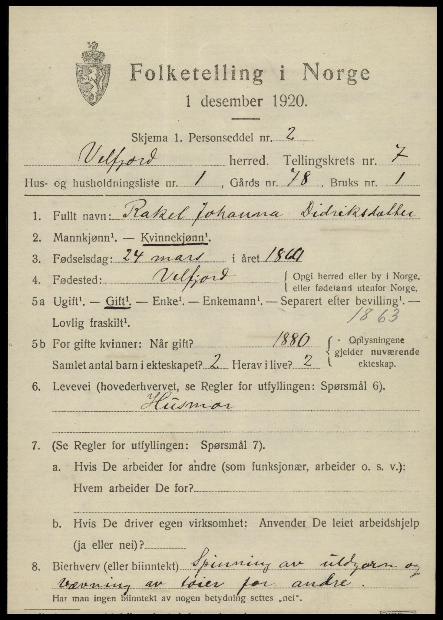 SAT, 1920 census for Velfjord, 1920, p. 3505