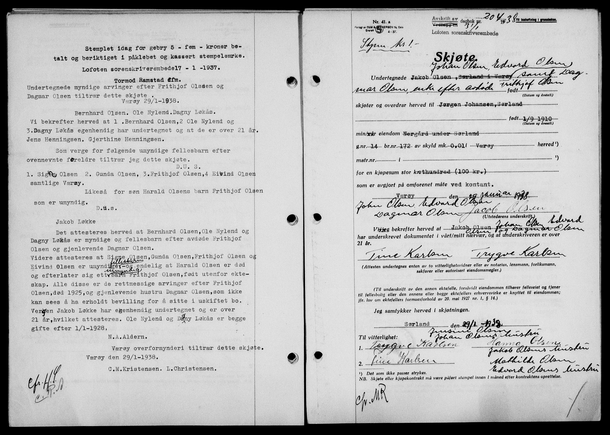 Lofoten sorenskriveri, SAT/A-0017/1/2/2C/L0003a: Mortgage book no. 3a, 1937-1938, Diary no: : 204/1938