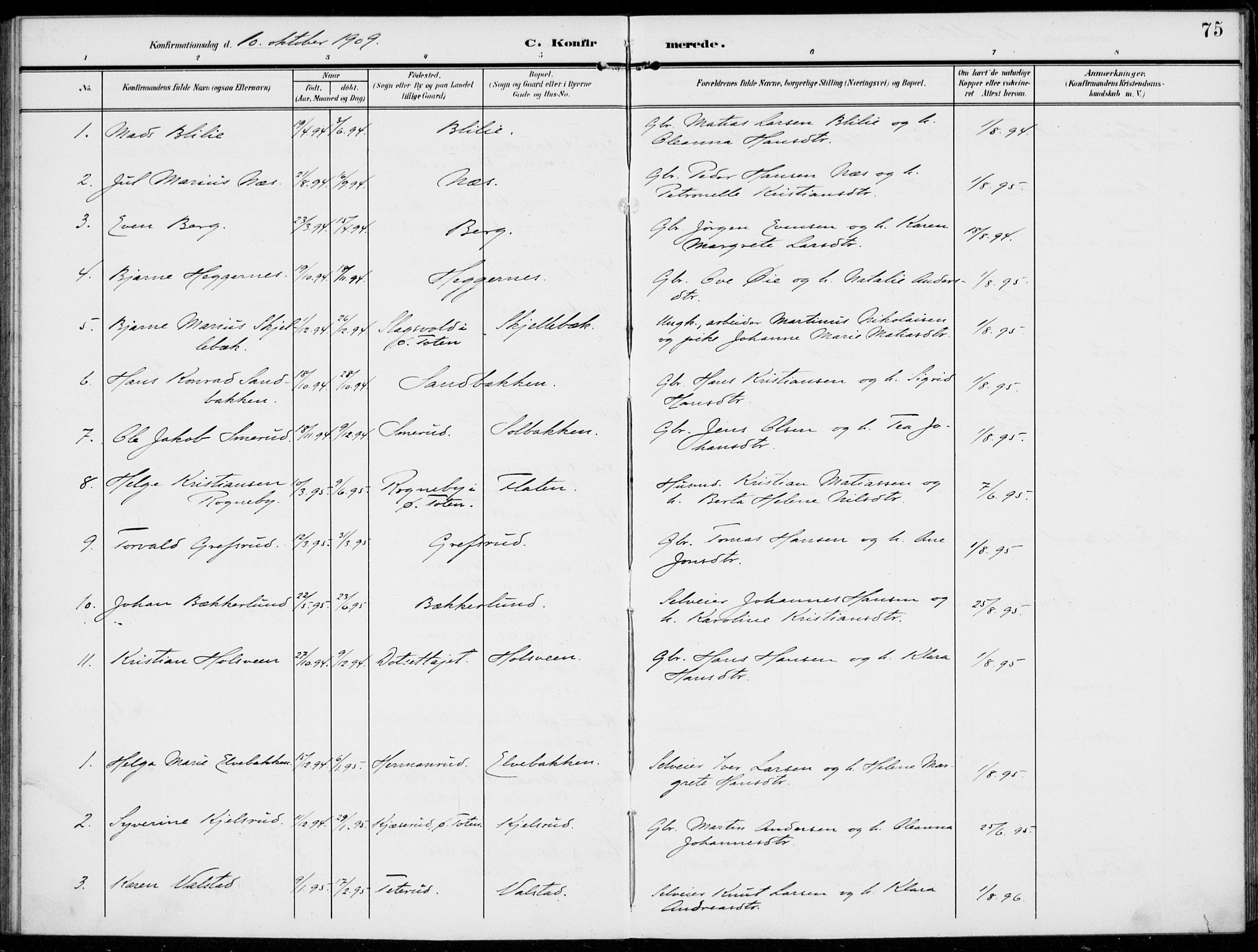 Kolbu prestekontor, SAH/PREST-110/H/Ha/Haa/L0001: Parish register (official) no. 1, 1907-1923, p. 75