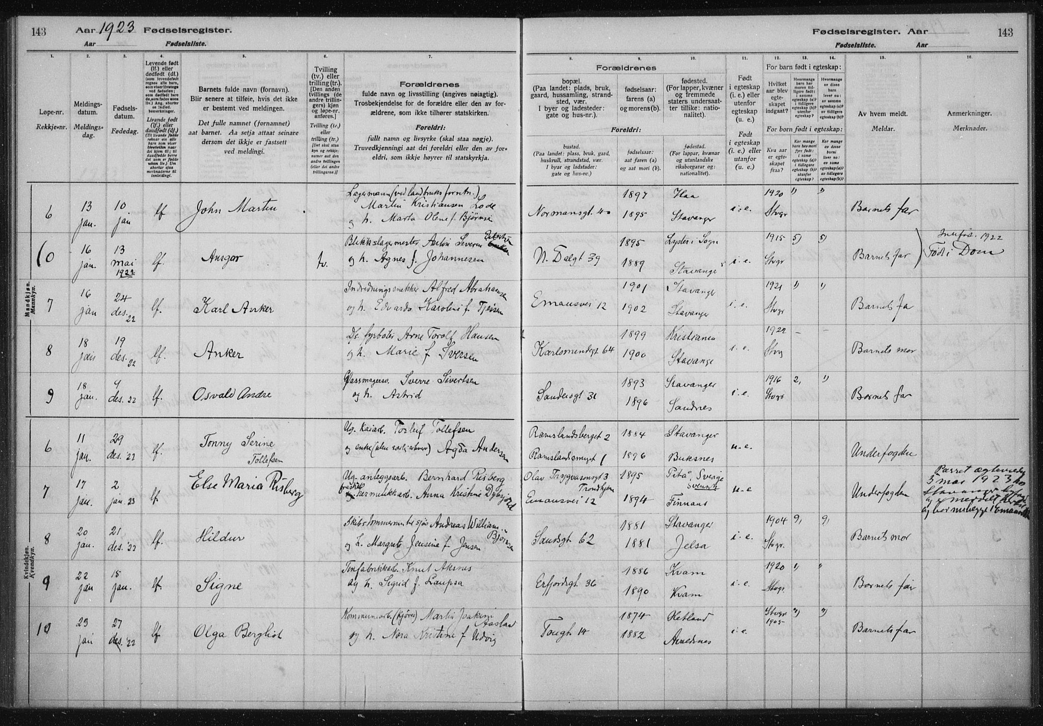 St. Johannes sokneprestkontor, AV/SAST-A-101814/002/A/L0002: Birth register no. 2, 1919-1924, p. 143