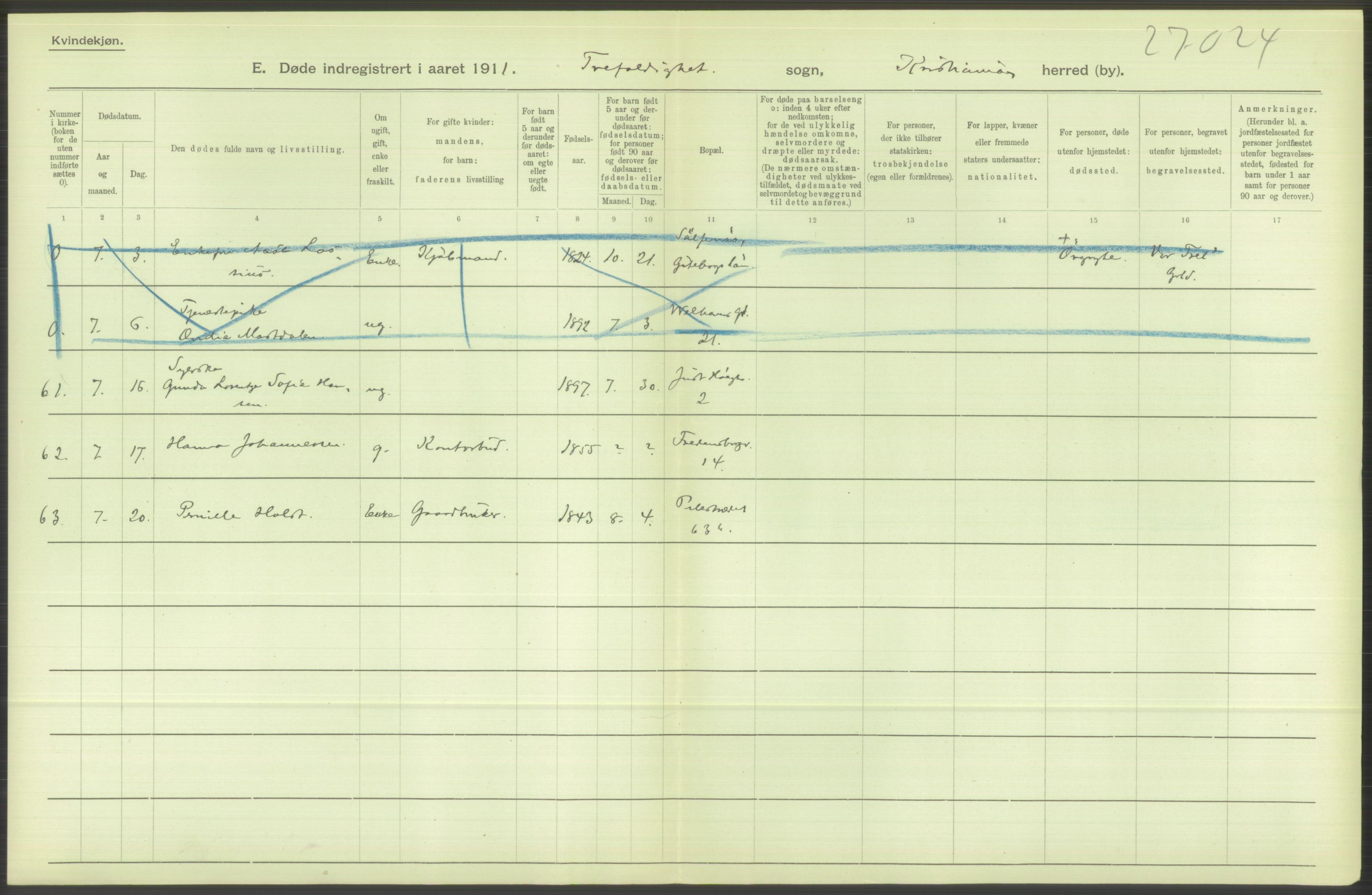 Statistisk sentralbyrå, Sosiodemografiske emner, Befolkning, AV/RA-S-2228/D/Df/Dfb/Dfba/L0010: Kristiania: Døde kvinner samt dødfødte., 1911, p. 524