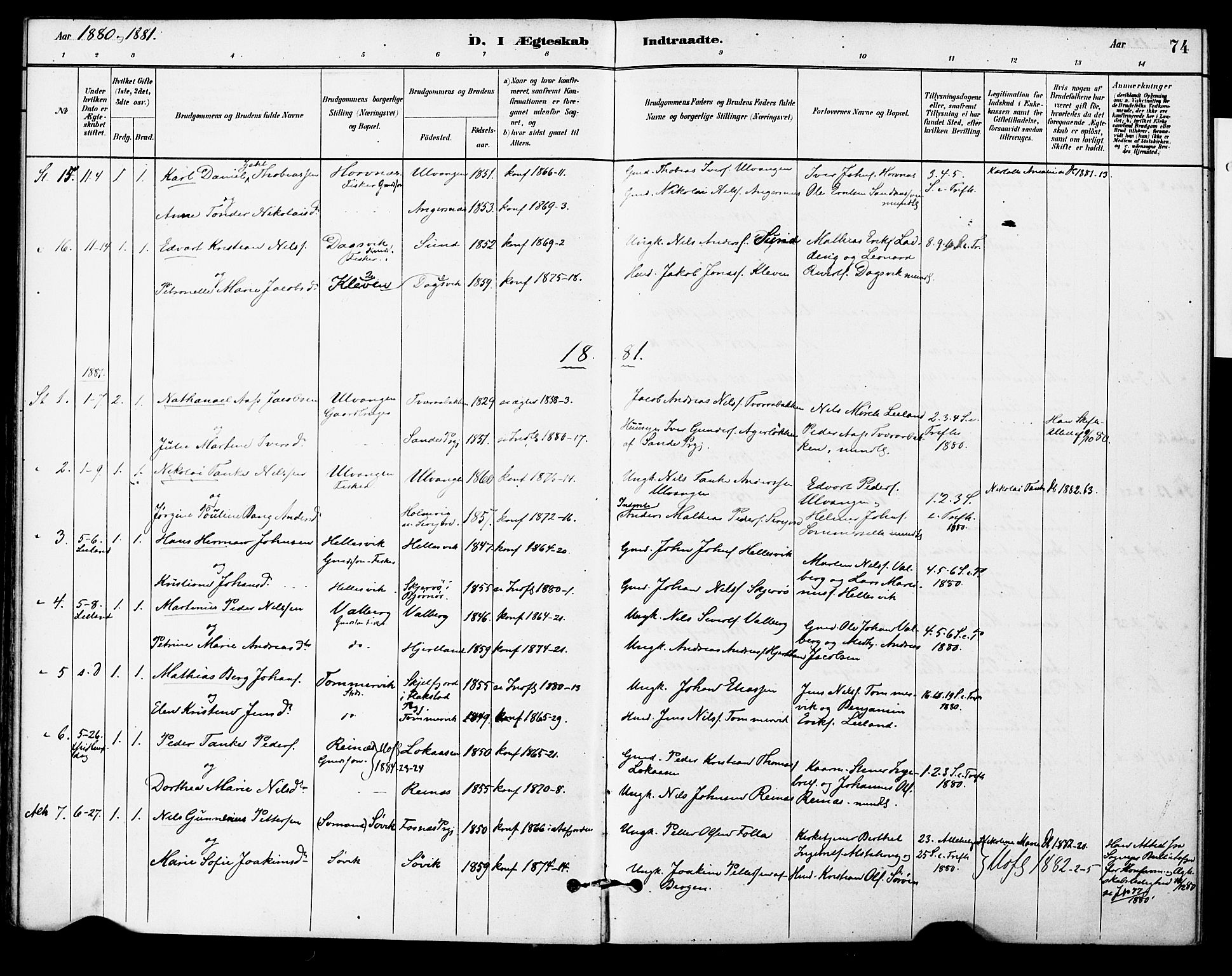 Ministerialprotokoller, klokkerbøker og fødselsregistre - Nordland, AV/SAT-A-1459/830/L0450: Parish register (official) no. 830A14, 1879-1896, p. 74