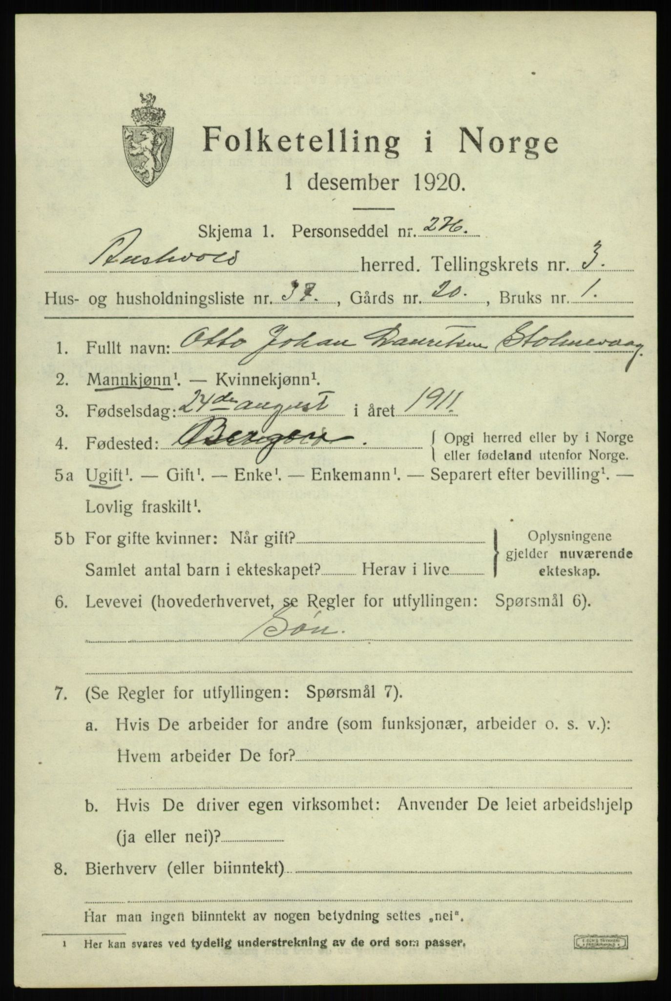 SAB, 1920 census for Austevoll, 1920, p. 2644