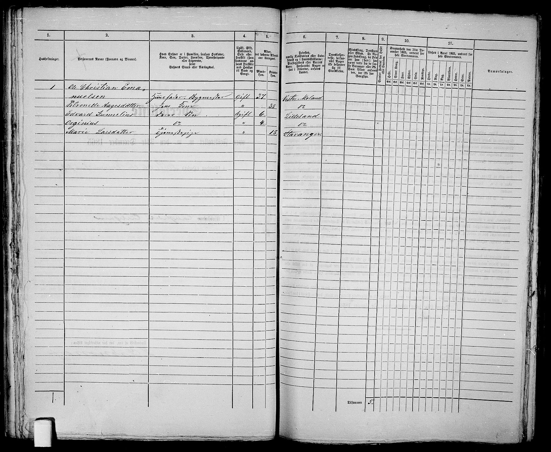 RA, 1865 census for Vestre Moland/Lillesand, 1865, p. 39