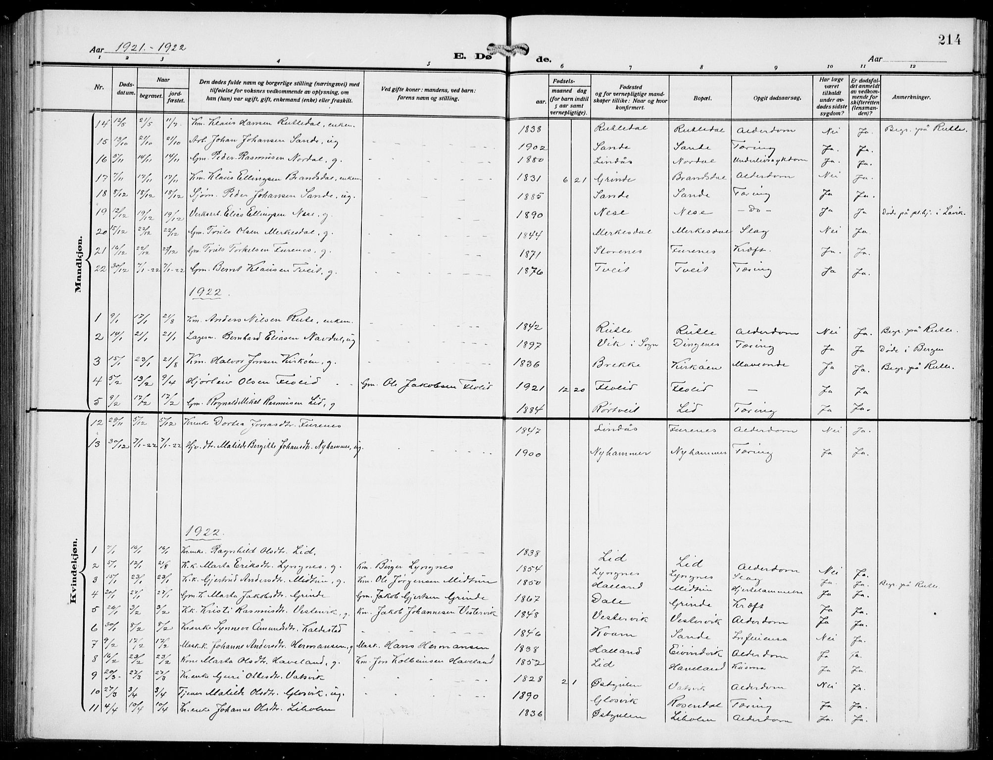 Gulen sokneprestembete, SAB/A-80201/H/Hab/Habb/L0004: Parish register (copy) no. B 4, 1908-1936, p. 214