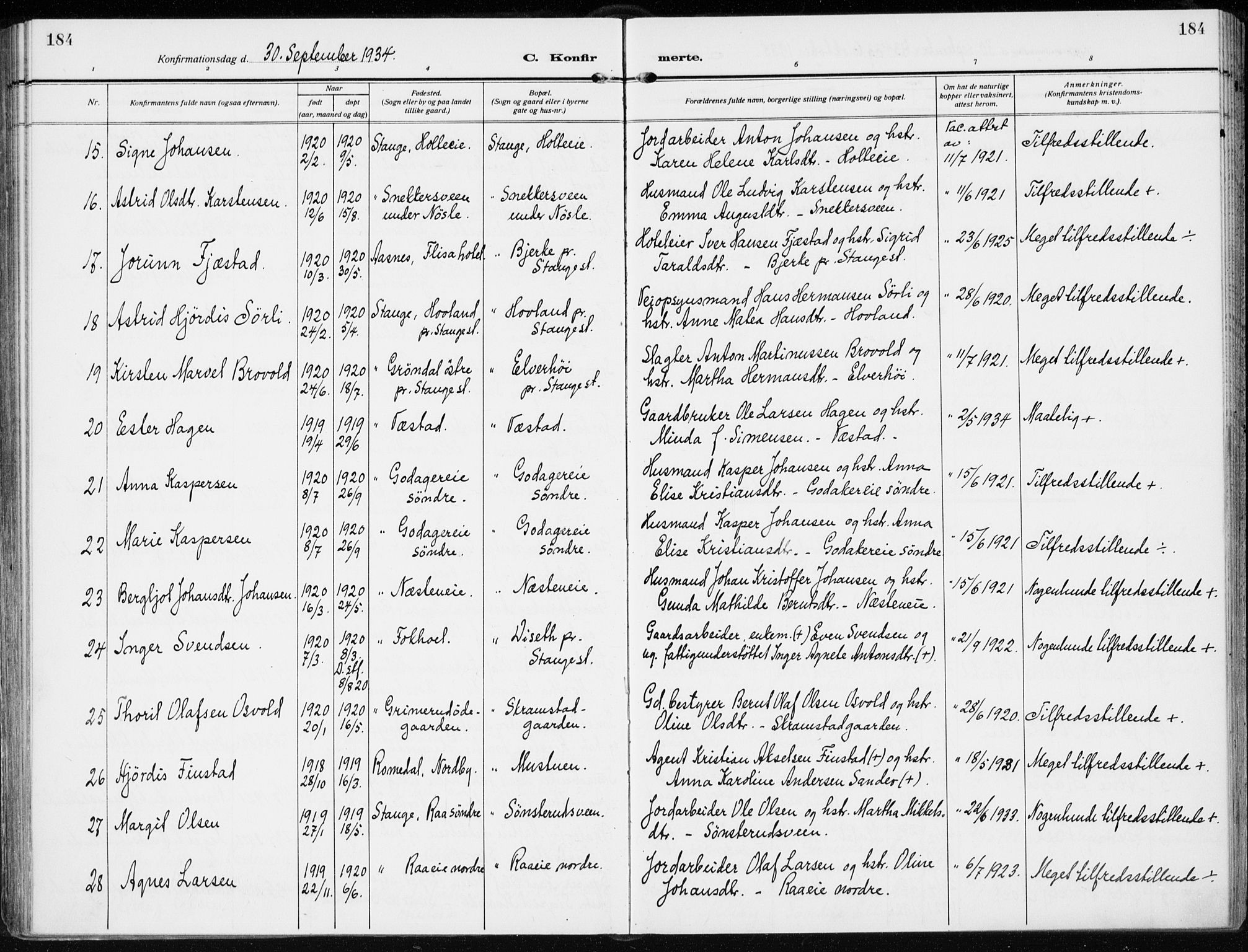 Stange prestekontor, AV/SAH-PREST-002/K/L0026: Parish register (official) no. 26, 1923-1937, p. 184