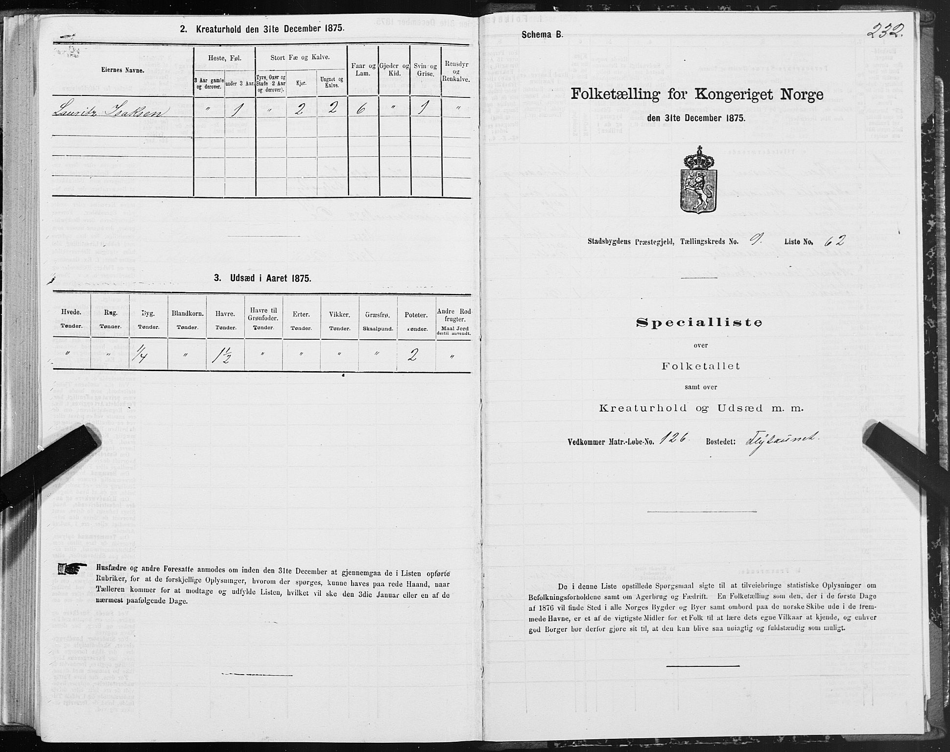 SAT, 1875 census for 1625P Stadsbygd, 1875, p. 5232