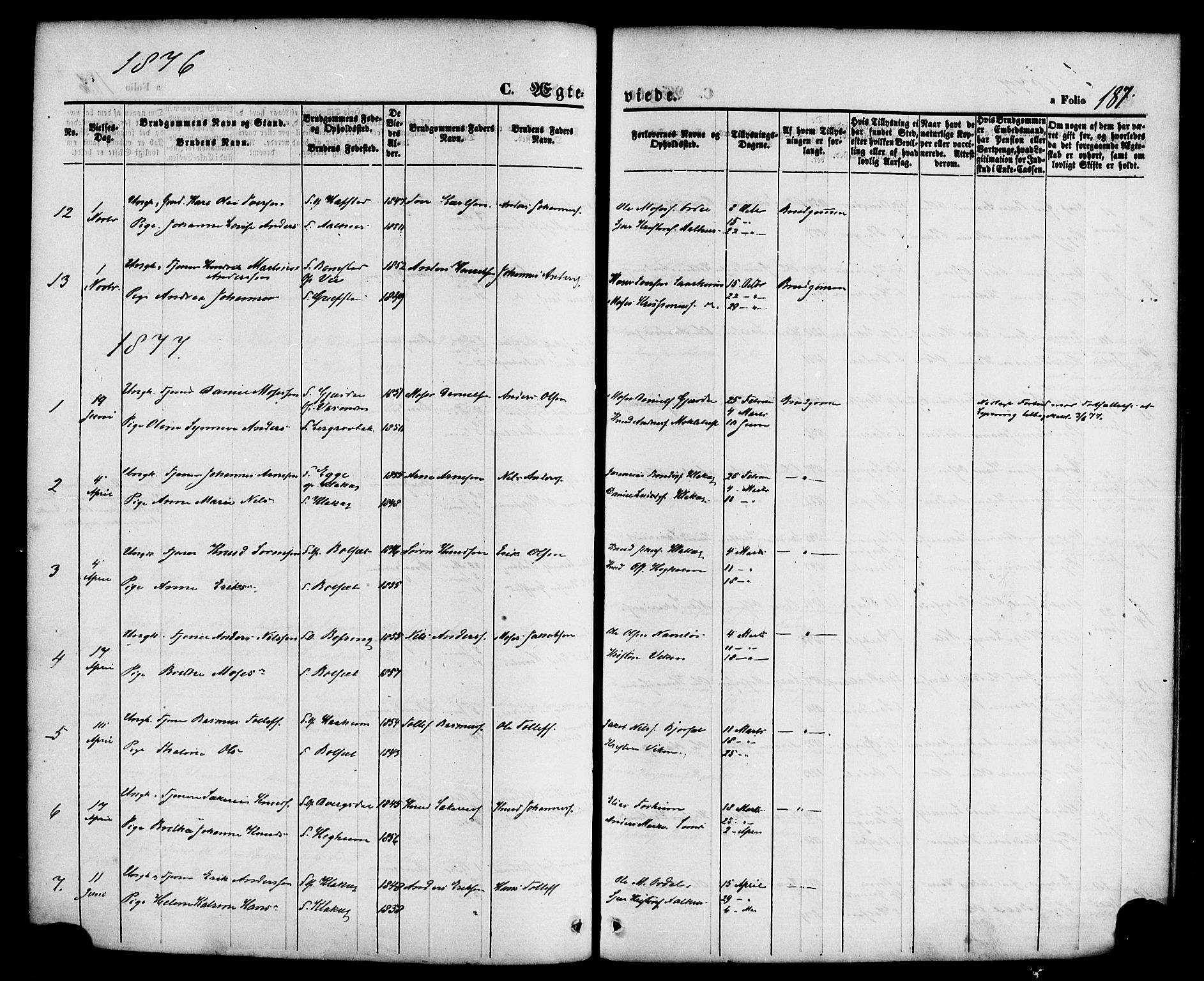 Jølster sokneprestembete, SAB/A-80701/H/Haa/Haaa/L0011: Parish register (official) no. A 11, 1866-1881, p. 187