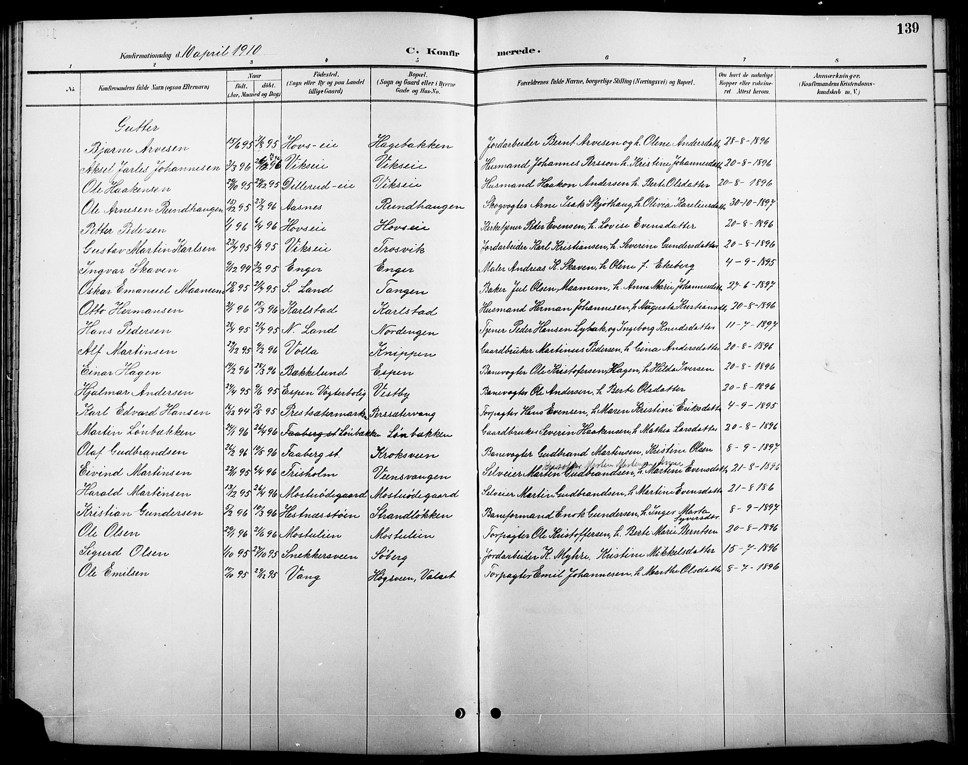 Stange prestekontor, SAH/PREST-002/L/L0011: Parish register (copy) no. 11, 1895-1917, p. 139