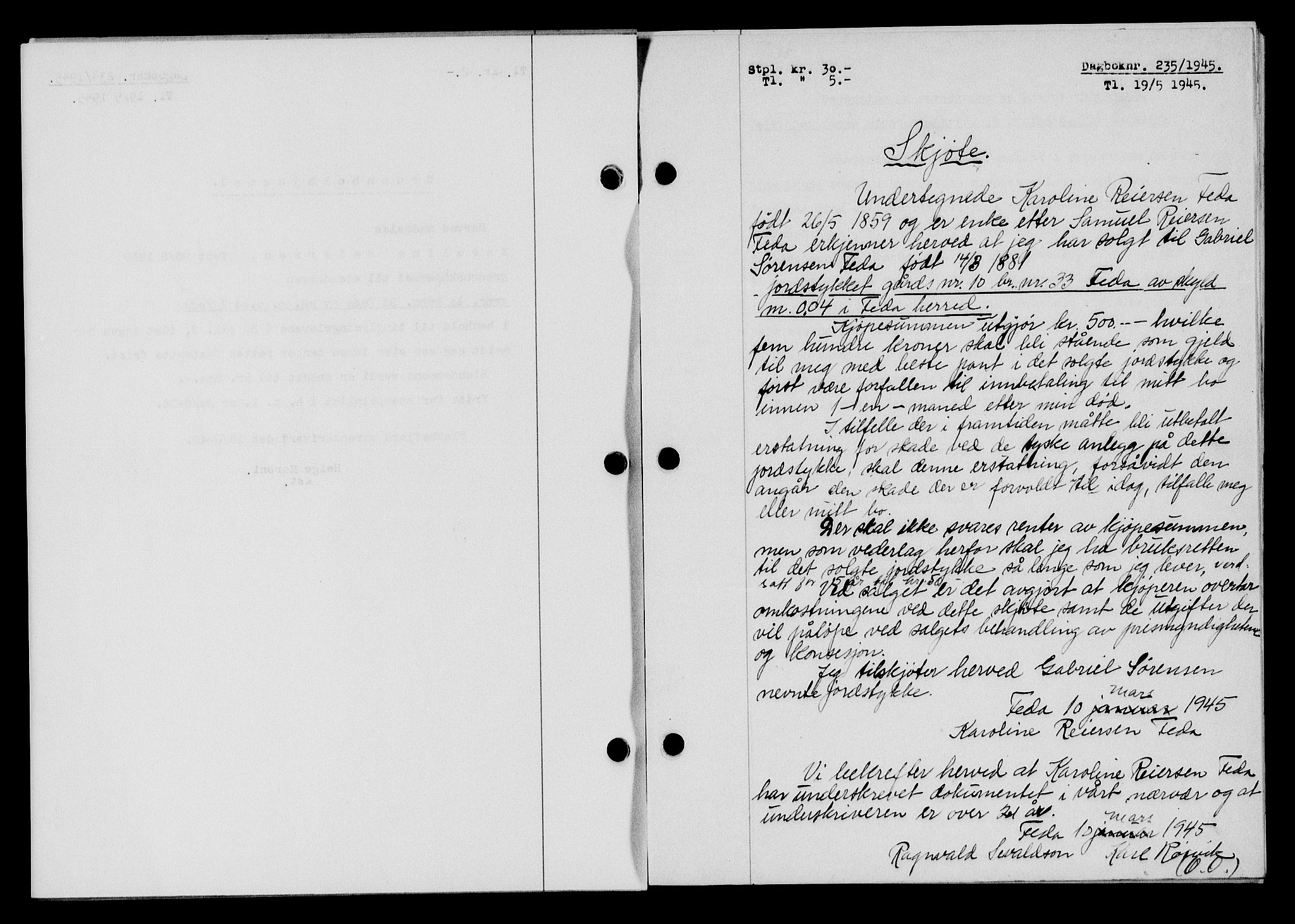 Flekkefjord sorenskriveri, SAK/1221-0001/G/Gb/Gba/L0059: Mortgage book no. A-7, 1944-1945, Diary no: : 235/1945