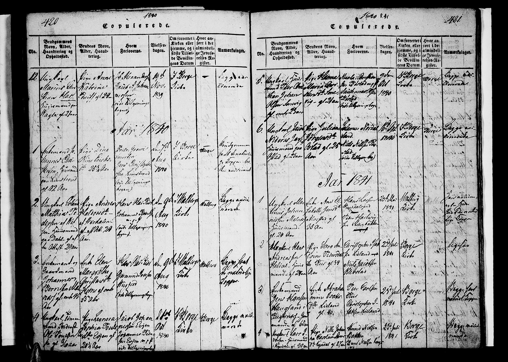 Ministerialprotokoller, klokkerbøker og fødselsregistre - Nordland, SAT/A-1459/880/L1130: Parish register (official) no. 880A04, 1821-1843, p. 420-421