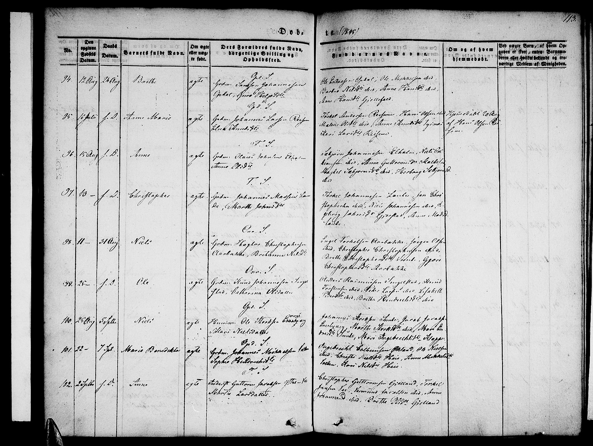 Tysnes sokneprestembete, AV/SAB-A-78601/H/Haa: Parish register (official) no. A 9, 1837-1848, p. 113