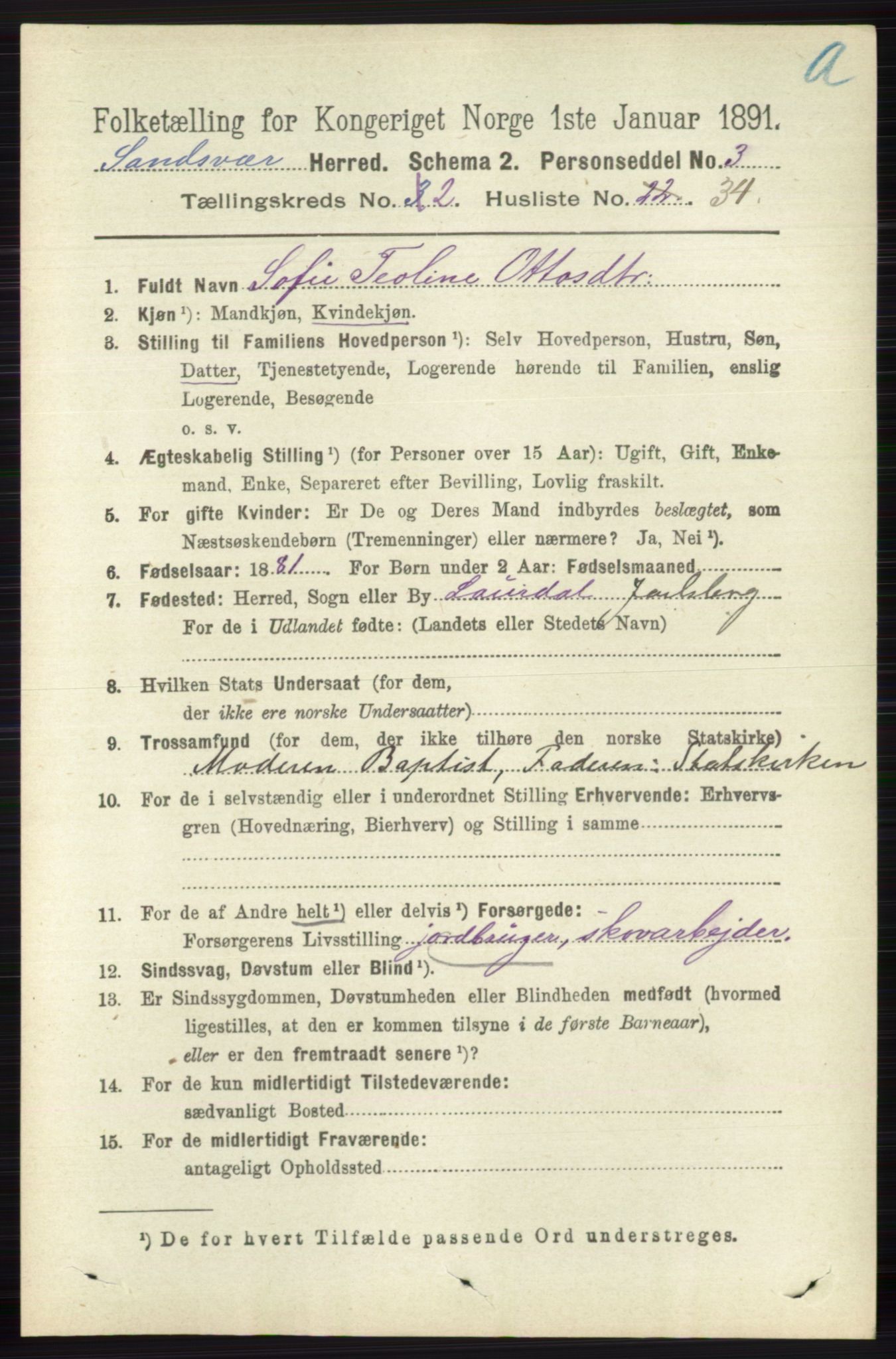 RA, 1891 census for 0629 Sandsvær, 1891, p. 881