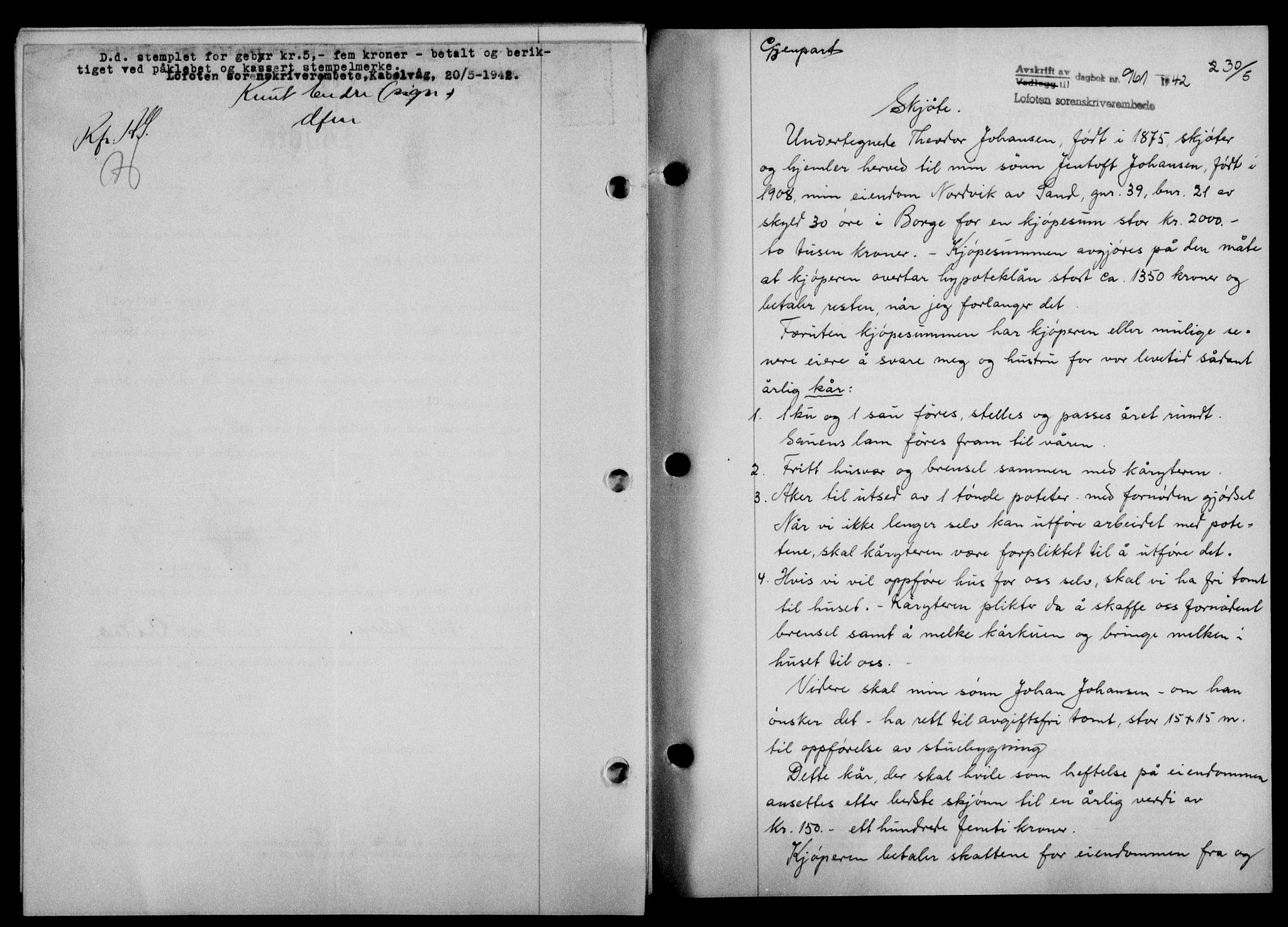 Lofoten sorenskriveri, SAT/A-0017/1/2/2C/L0009a: Mortgage book no. 9a, 1941-1942, Diary no: : 961/1942