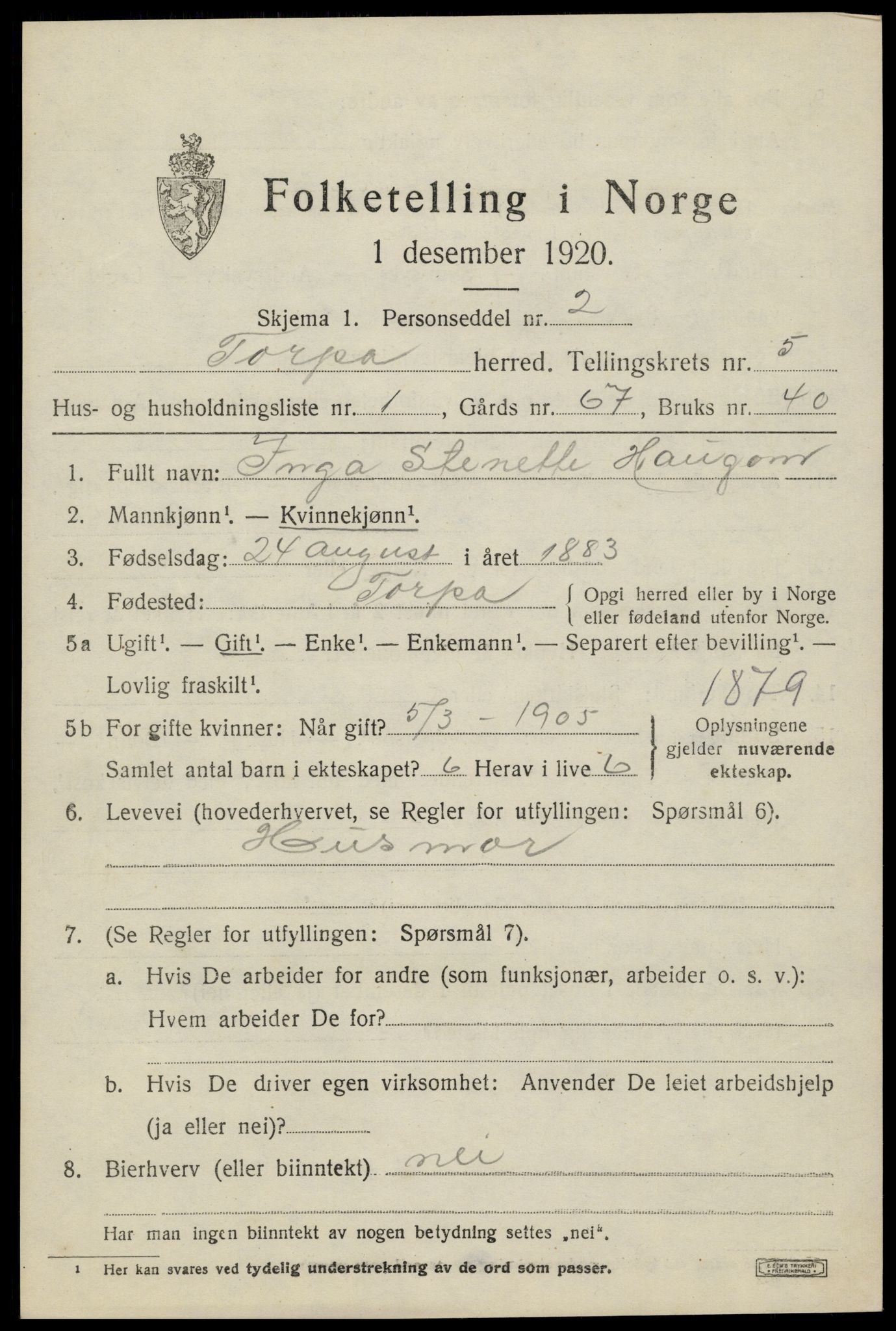 SAH, 1920 census for Torpa, 1920, p. 3489