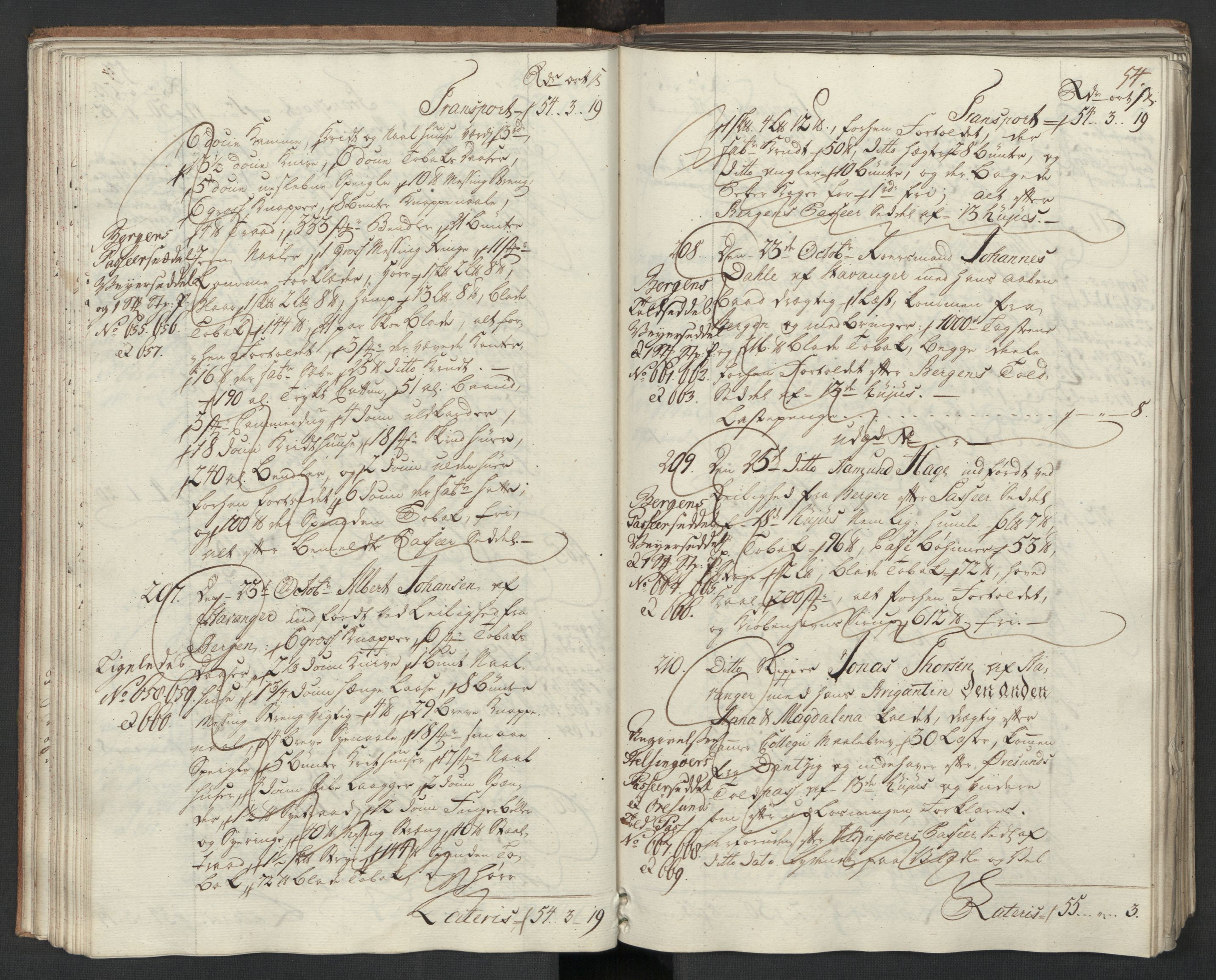 Generaltollkammeret, tollregnskaper, AV/RA-EA-5490/R22/L0024/0001: Tollregnskaper Stavanger / Hovedtollbok, 1762, p. 53b-54a