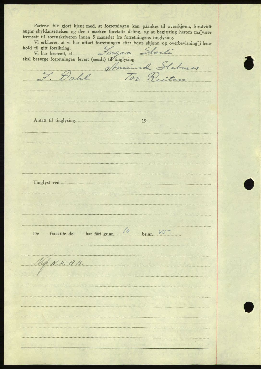 Nordmøre sorenskriveri, AV/SAT-A-4132/1/2/2Ca: Mortgage book no. A100a, 1945-1945, Diary no: : 1277/1945