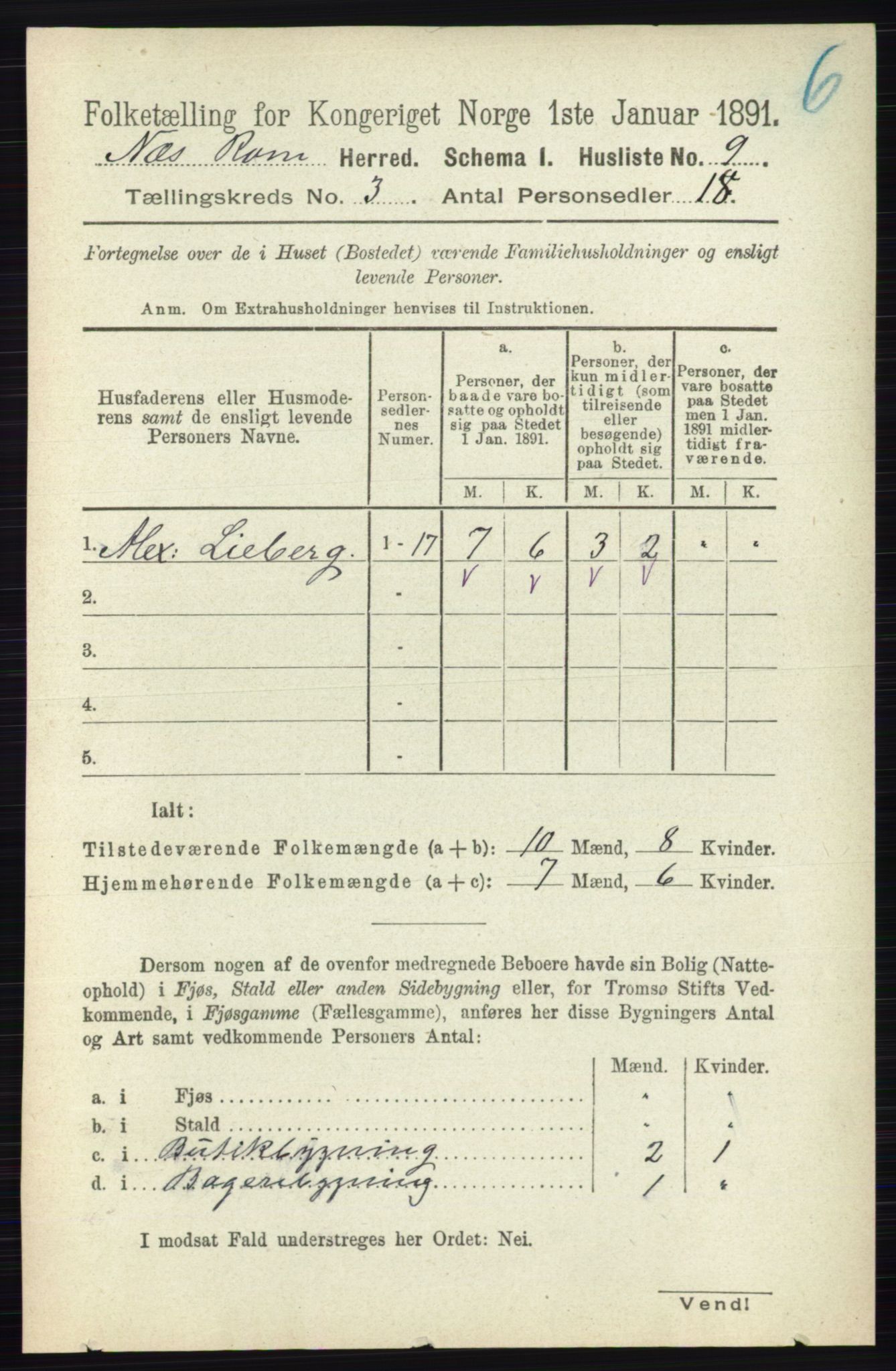 RA, 1891 census for 0236 Nes, 1891, p. 1498