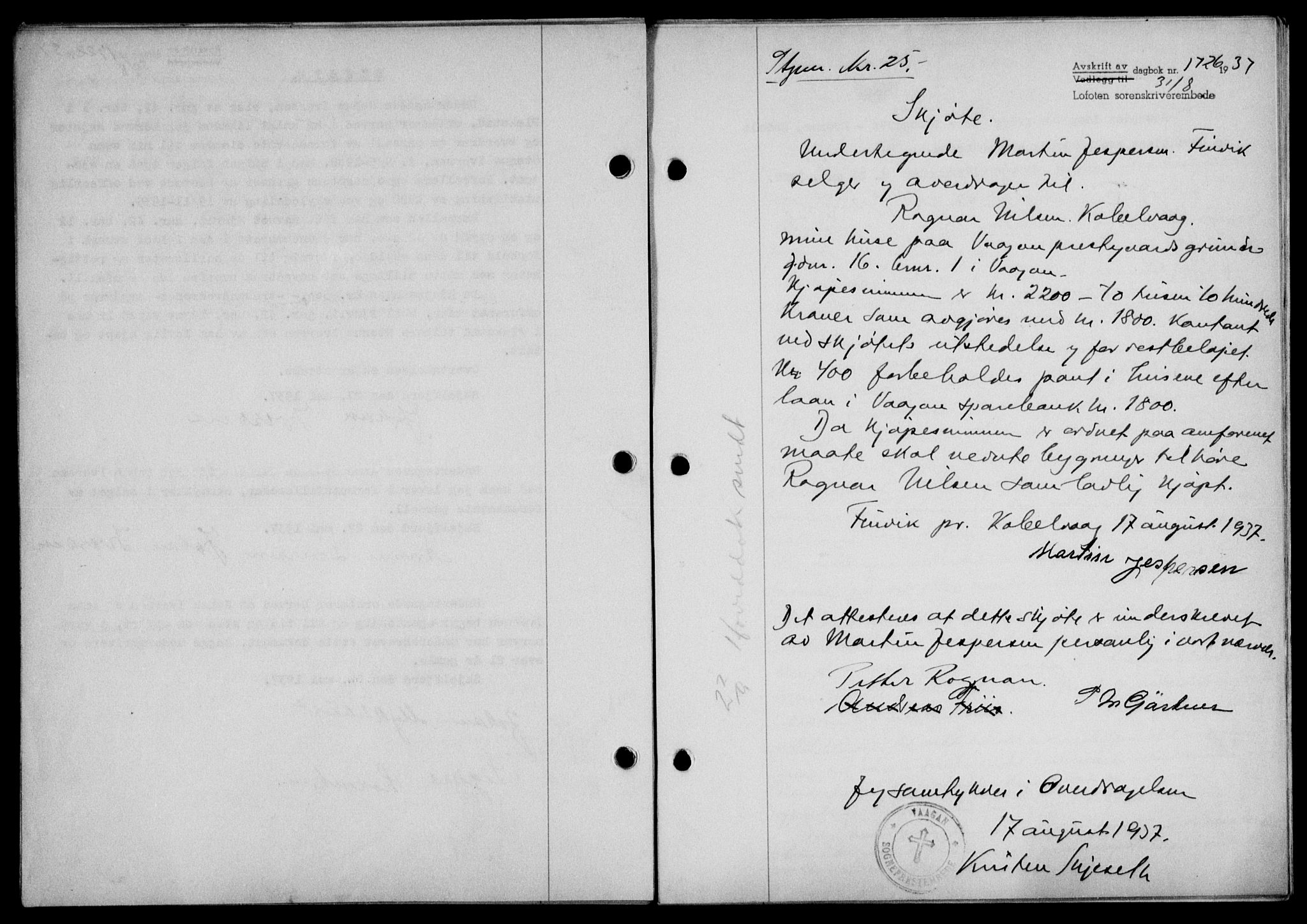 Lofoten sorenskriveri, SAT/A-0017/1/2/2C/L0002a: Mortgage book no. 2a, 1937-1937, Diary no: : 1726/1937