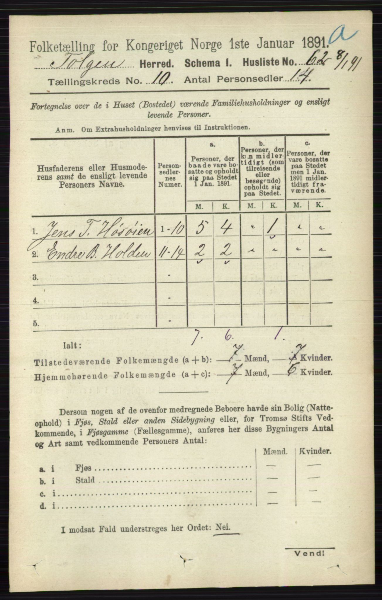 RA, 1891 census for 0436 Tolga, 1891, p. 2684