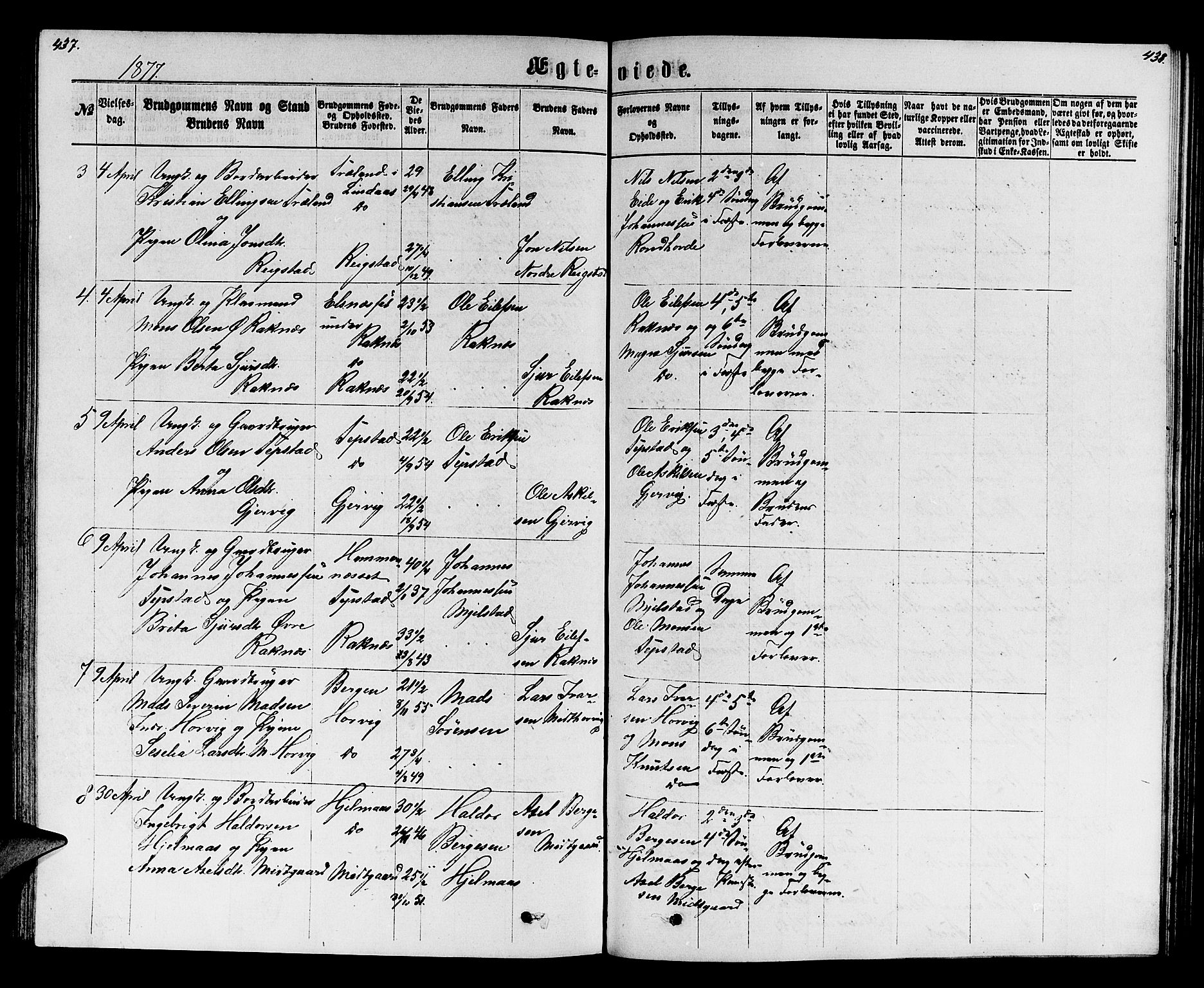 Hamre sokneprestembete, SAB/A-75501/H/Ha/Hab: Parish register (copy) no. B 2, 1863-1880, p. 437-438