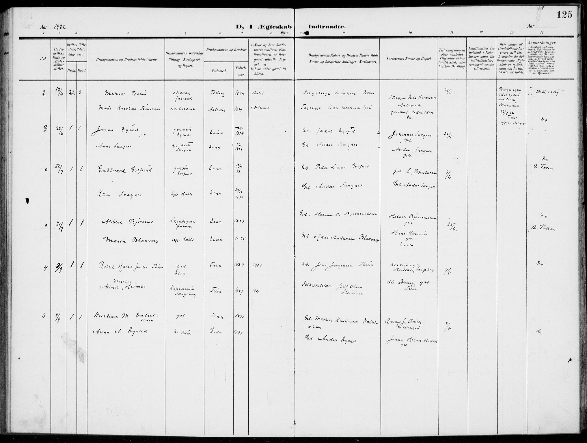 Kolbu prestekontor, SAH/PREST-110/H/Ha/Haa/L0001: Parish register (official) no. 1, 1907-1923, p. 125