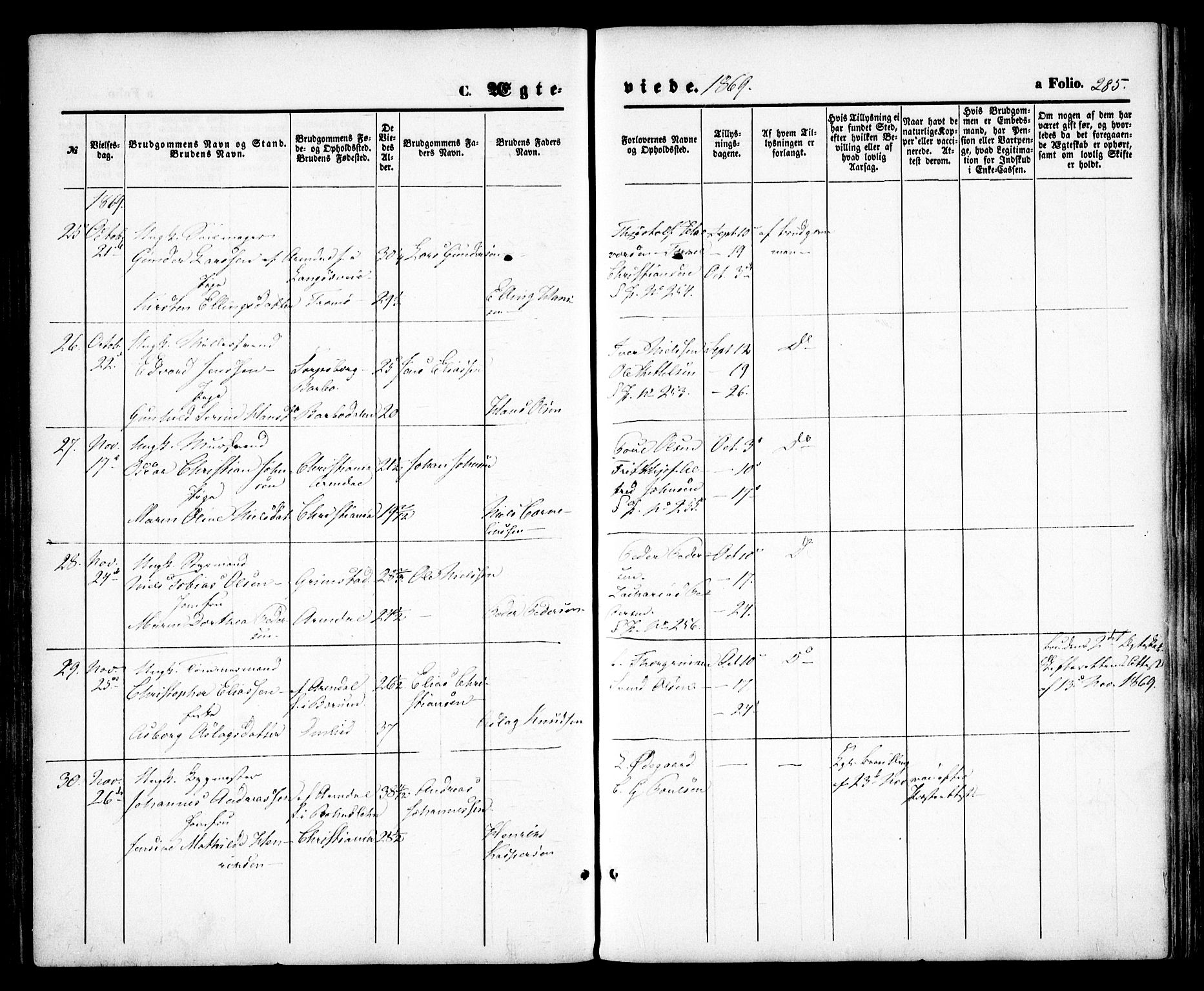 Arendal sokneprestkontor, Trefoldighet, SAK/1111-0040/F/Fa/L0007: Parish register (official) no. A 7, 1868-1878, p. 285
