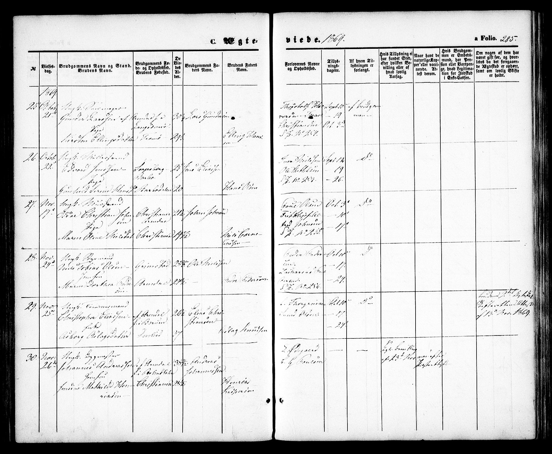 Arendal sokneprestkontor, Trefoldighet, AV/SAK-1111-0040/F/Fa/L0007: Parish register (official) no. A 7, 1868-1878, p. 285