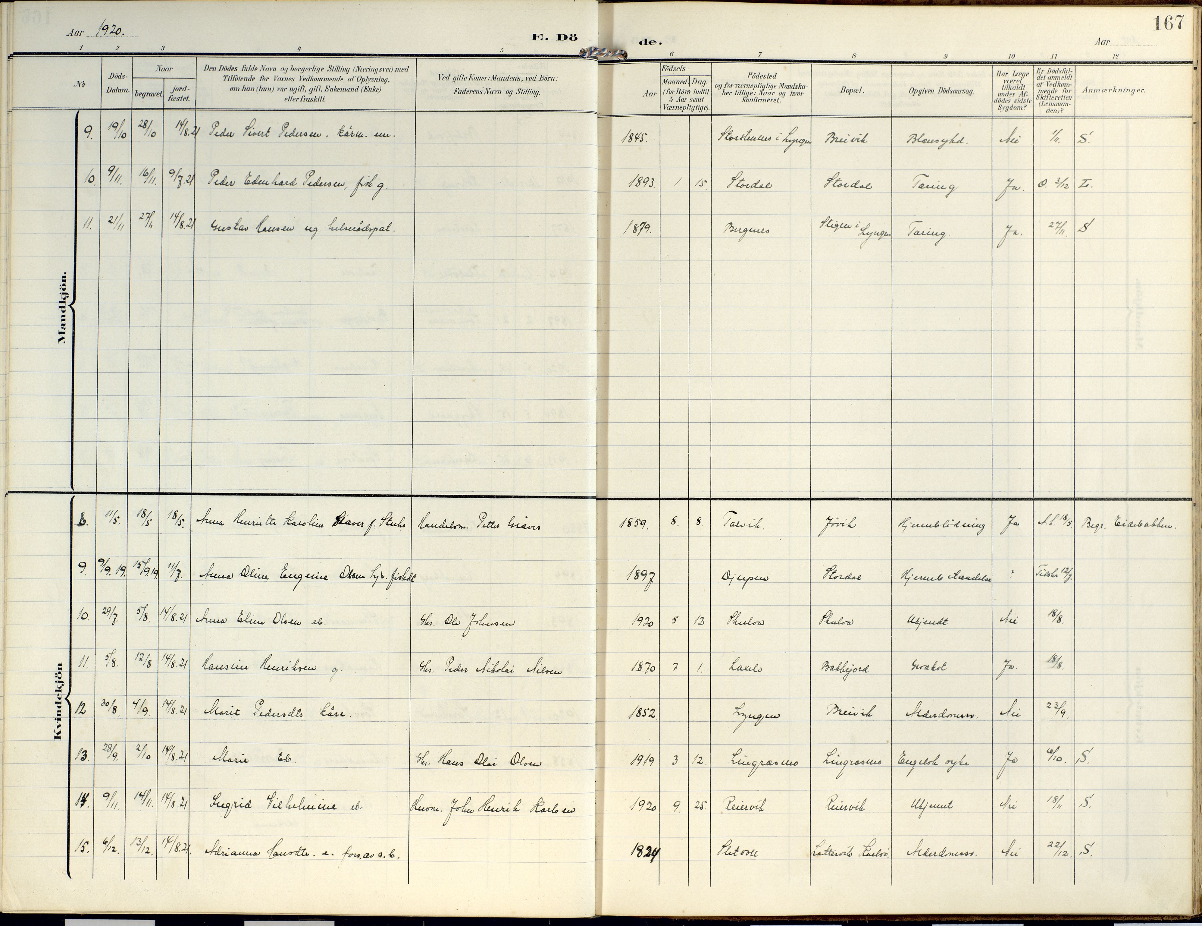 Lyngen sokneprestembete, AV/SATØ-S-1289/H/He/Hea/L0014kirke: Parish register (official) no. 14, 1905-1920, p. 167