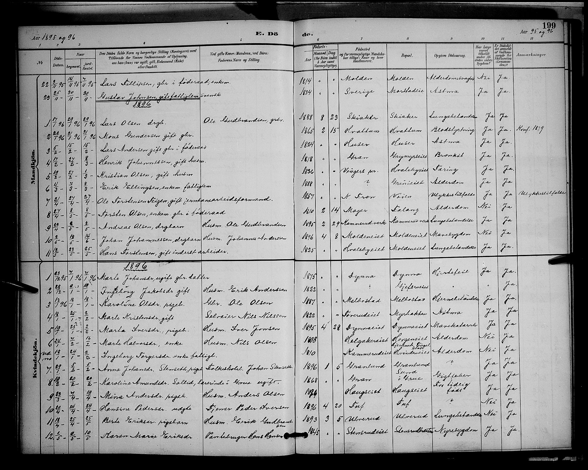 Gran prestekontor, SAH/PREST-112/H/Ha/Hab/L0005: Parish register (copy) no. 5, 1892-1900, p. 199
