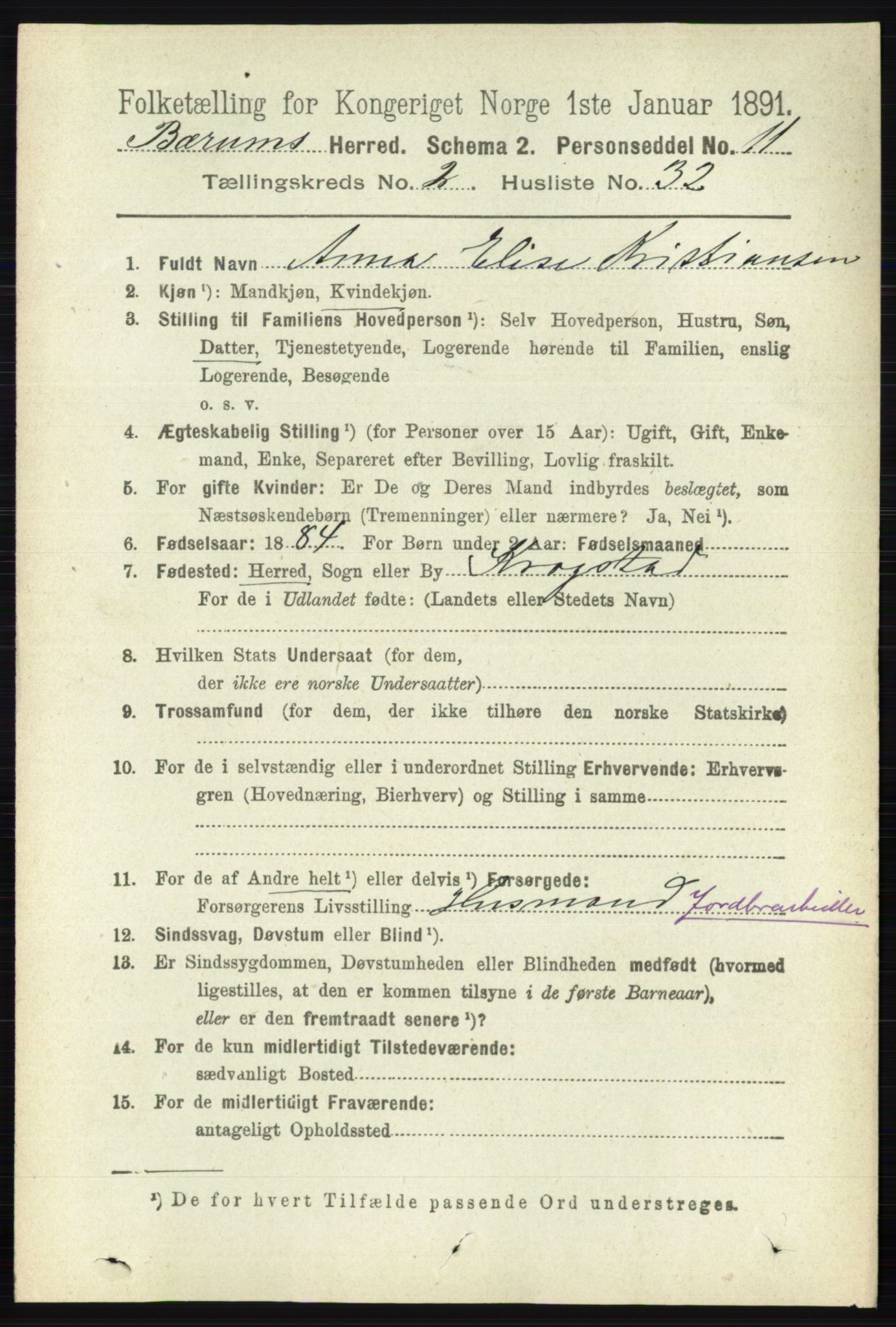 RA, 1891 census for 0219 Bærum, 1891, p. 1327