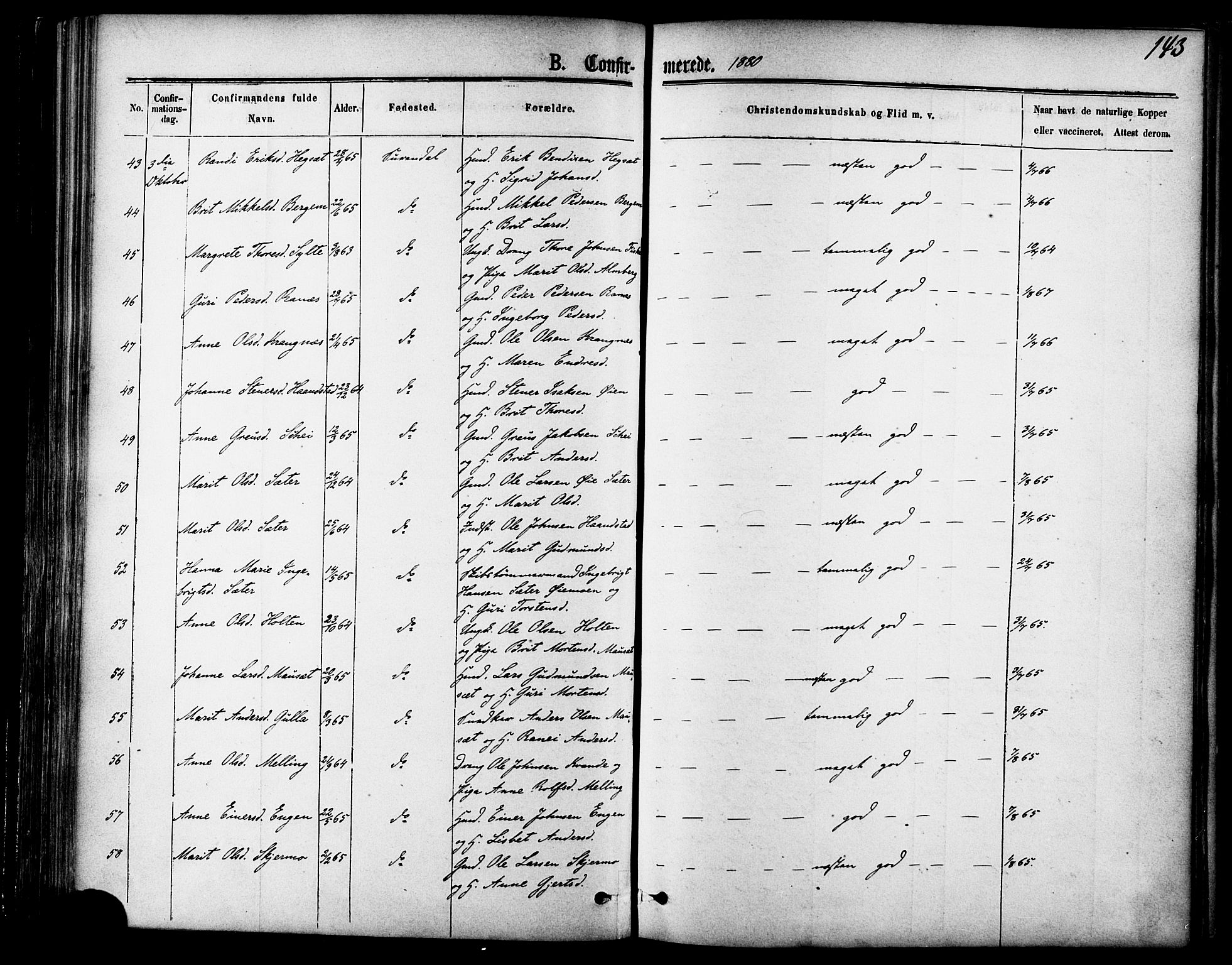 Ministerialprotokoller, klokkerbøker og fødselsregistre - Møre og Romsdal, AV/SAT-A-1454/595/L1046: Parish register (official) no. 595A08, 1874-1884, p. 143