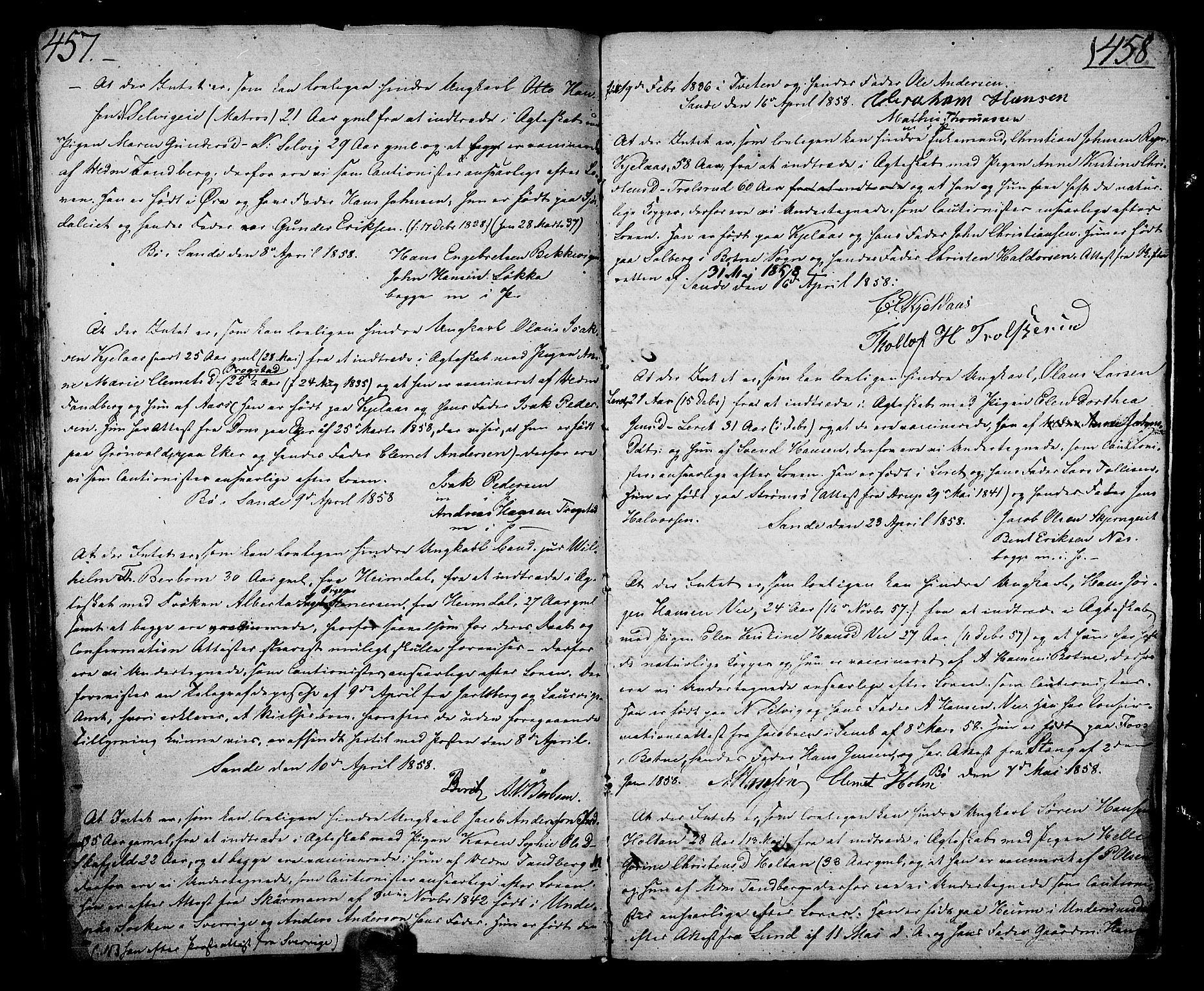 Sande Kirkebøker, AV/SAKO-A-53/F/Fa/L0002: Parish register (official) no. 2, 1804-1814, p. 457-458