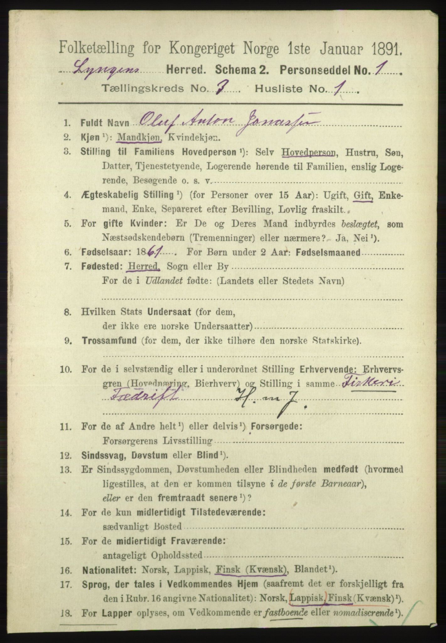 RA, 1891 census for 1938 Lyngen, 1891, p. 3137