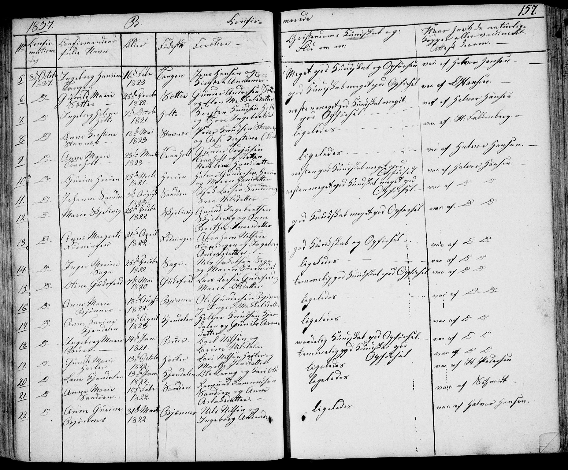 Eidanger kirkebøker, AV/SAKO-A-261/F/Fa/L0008: Parish register (official) no. 8, 1831-1858, p. 157