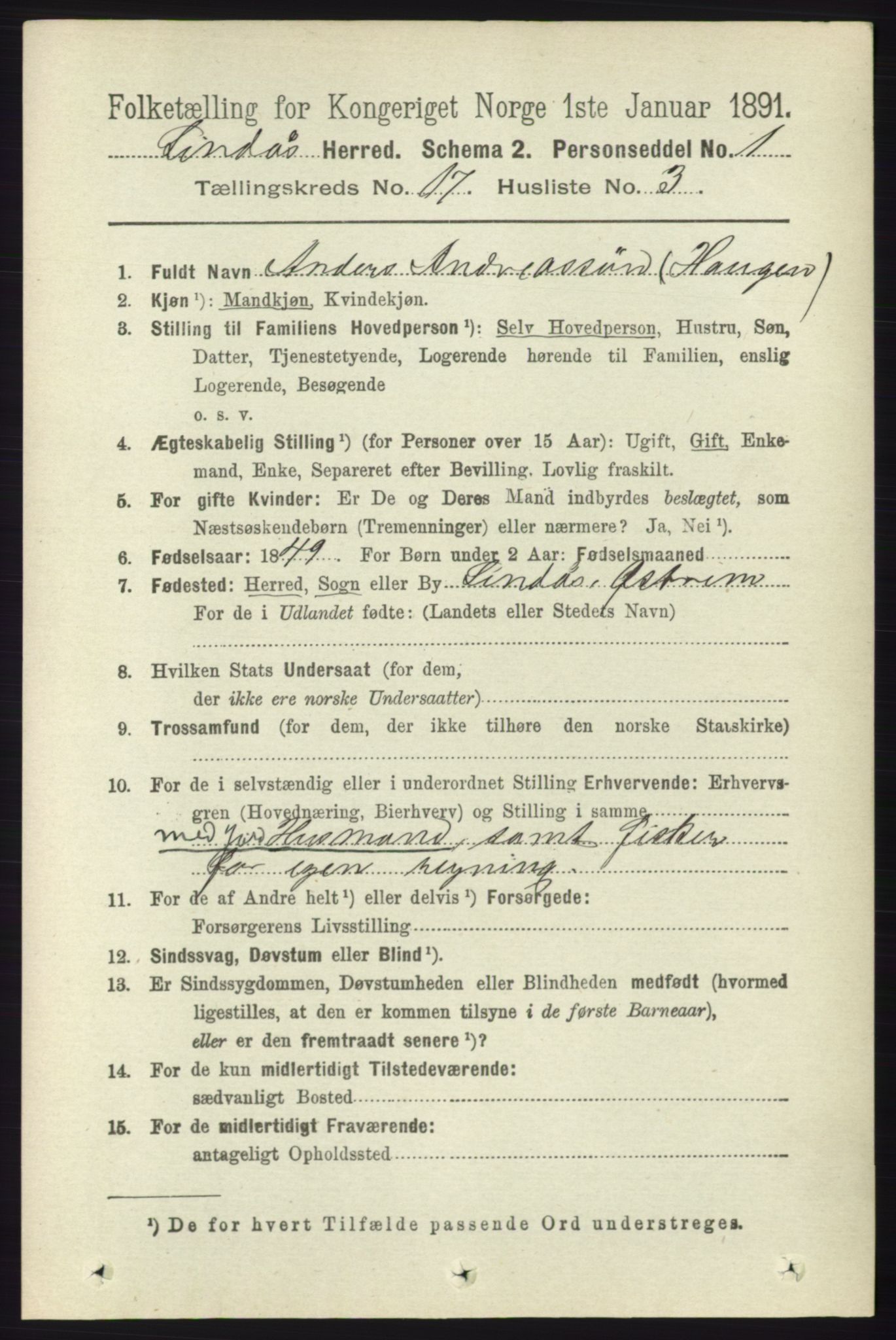 RA, 1891 census for 1263 Lindås, 1891, p. 6140