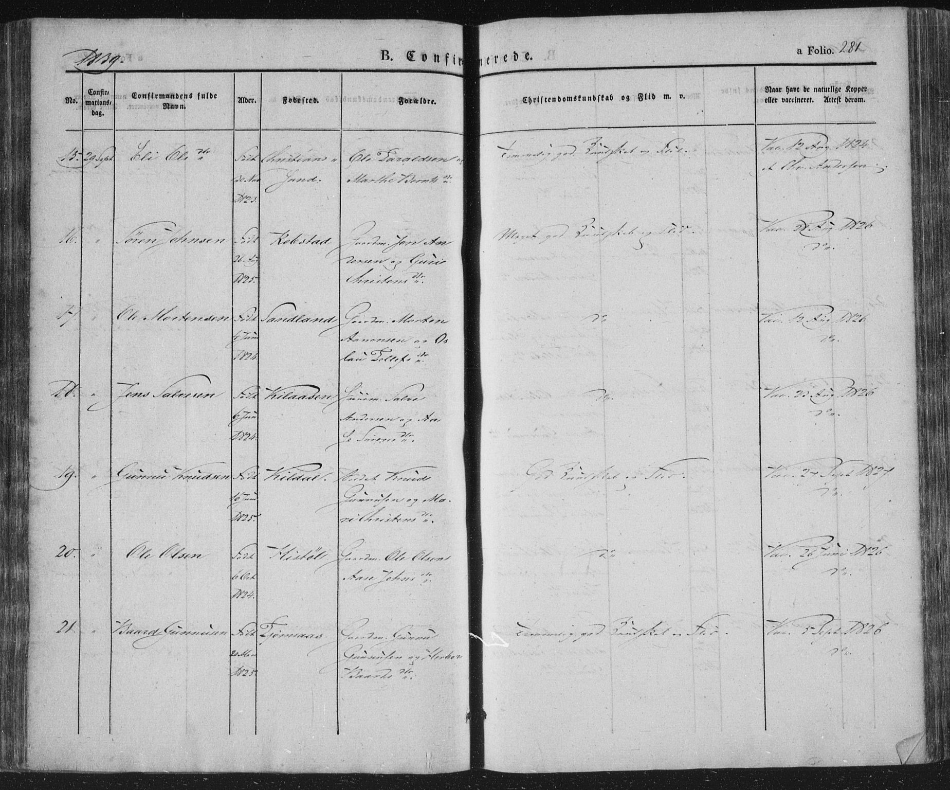 Vennesla sokneprestkontor, SAK/1111-0045/Fa/Fac/L0004: Parish register (official) no. A 4, 1834-1855, p. 281