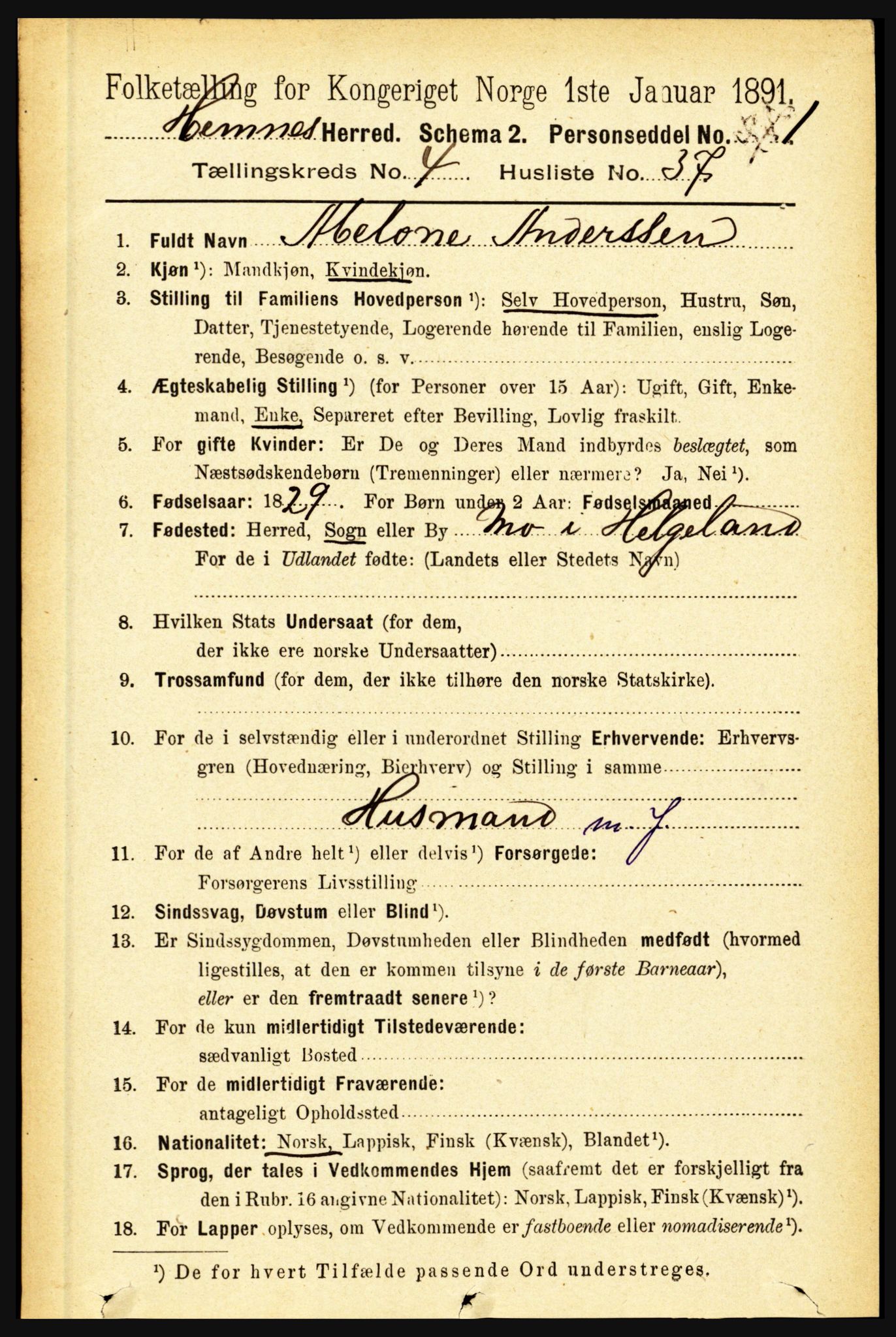 RA, 1891 census for 1832 Hemnes, 1891, p. 2477