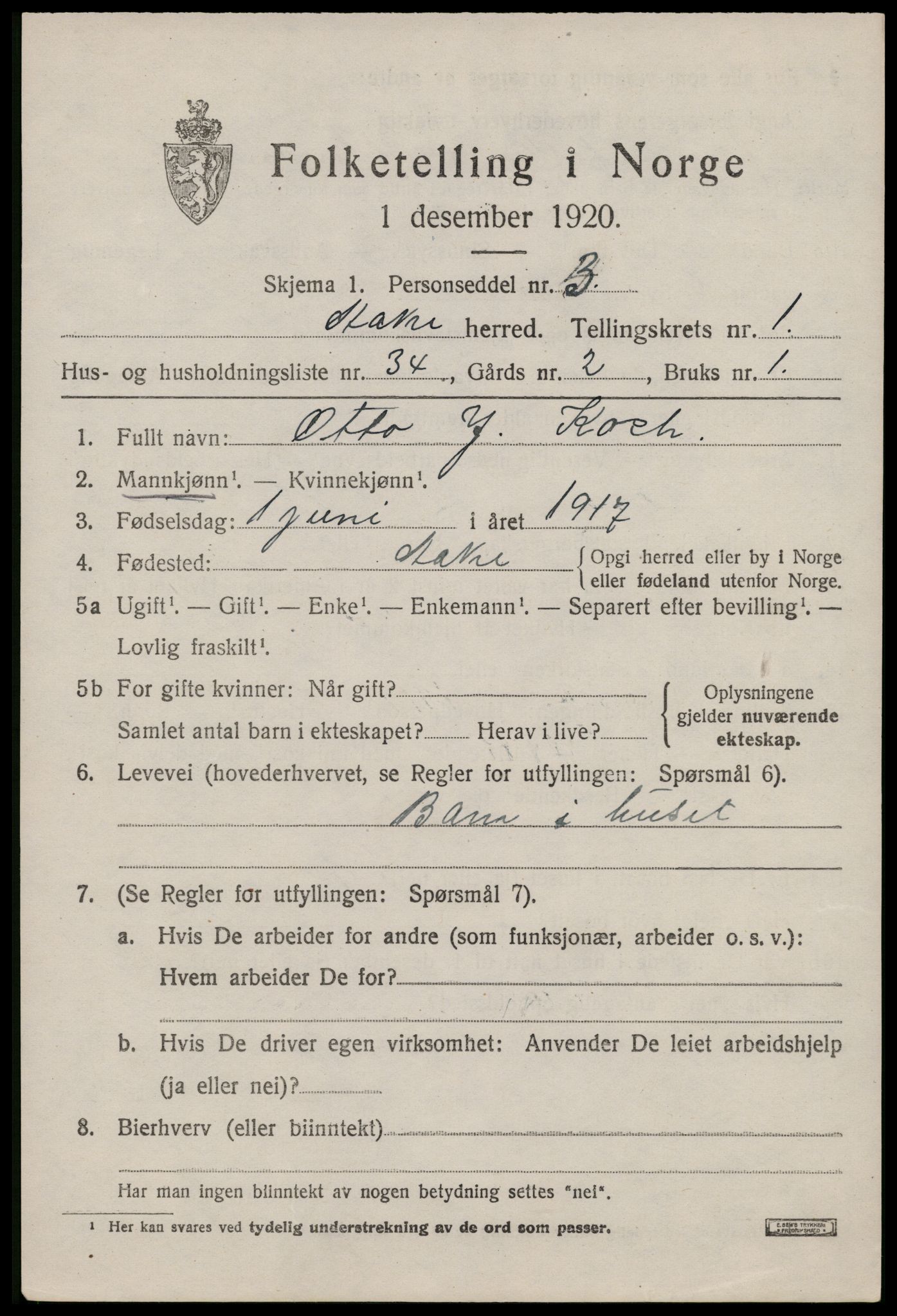 SAST, 1920 census for Åkra, 1920, p. 1662